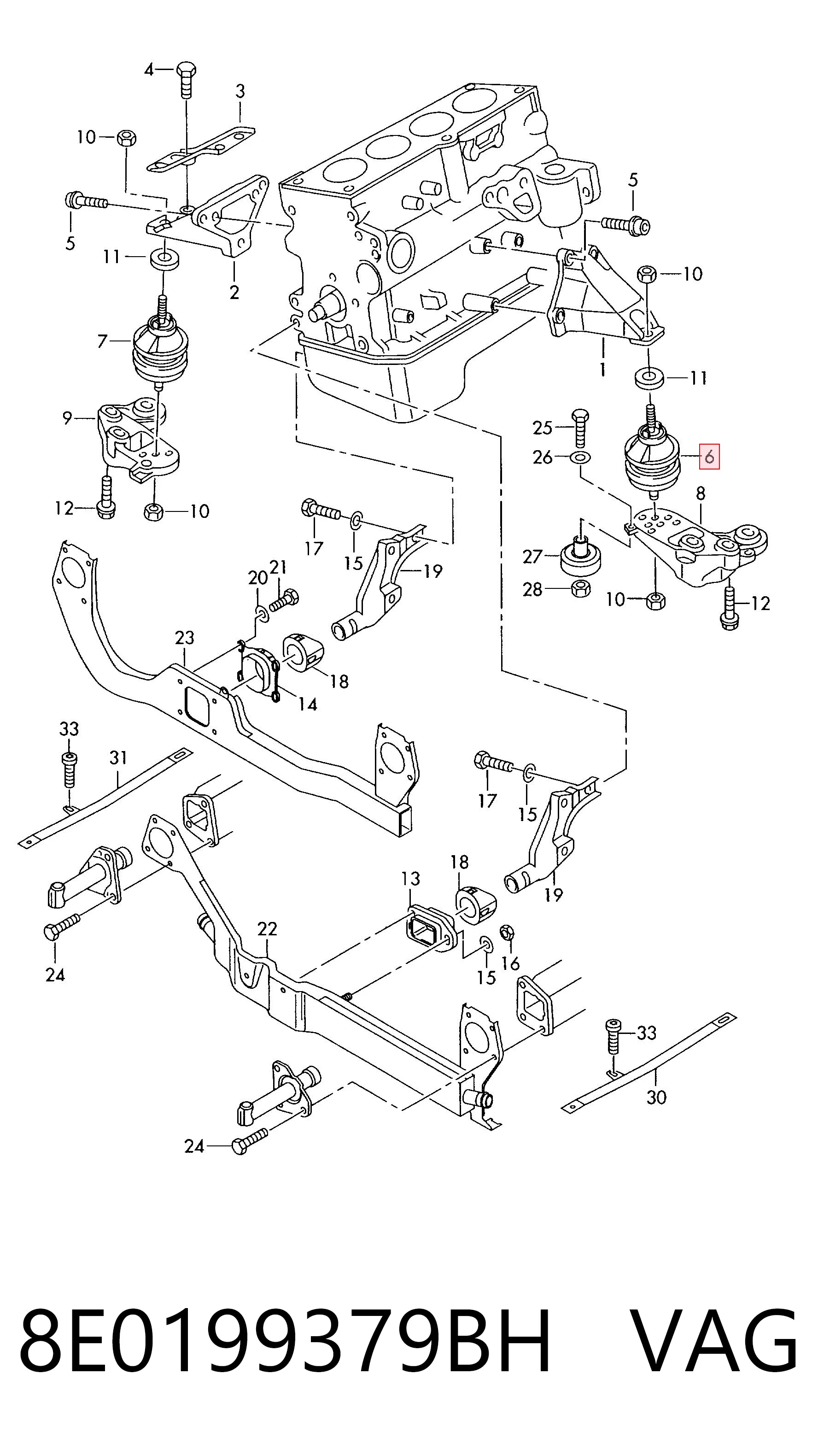 8E0199379BH VAG Coxim (suporte) esquerdo de motor