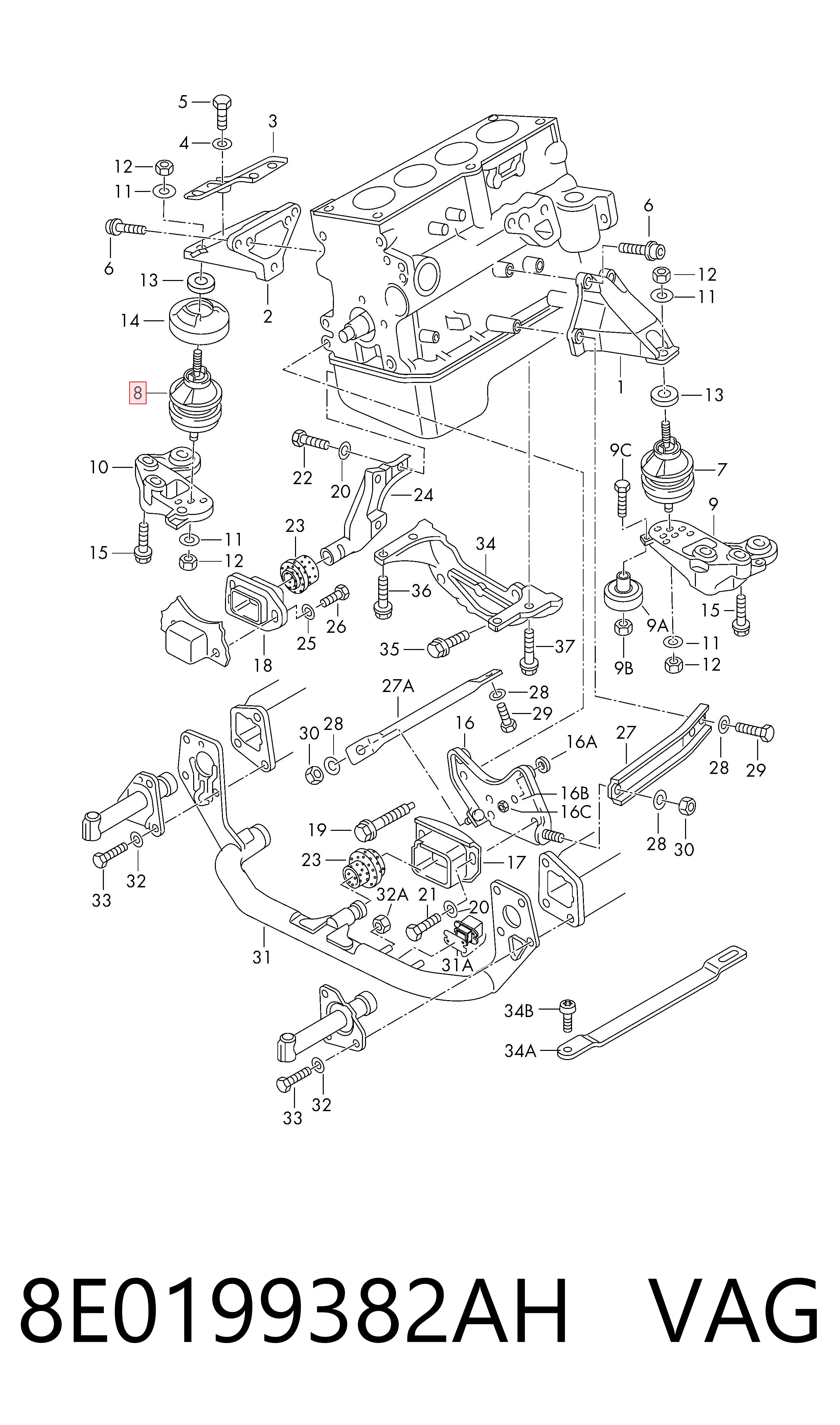 8E0199382AH VAG Coxim (suporte) direito de motor