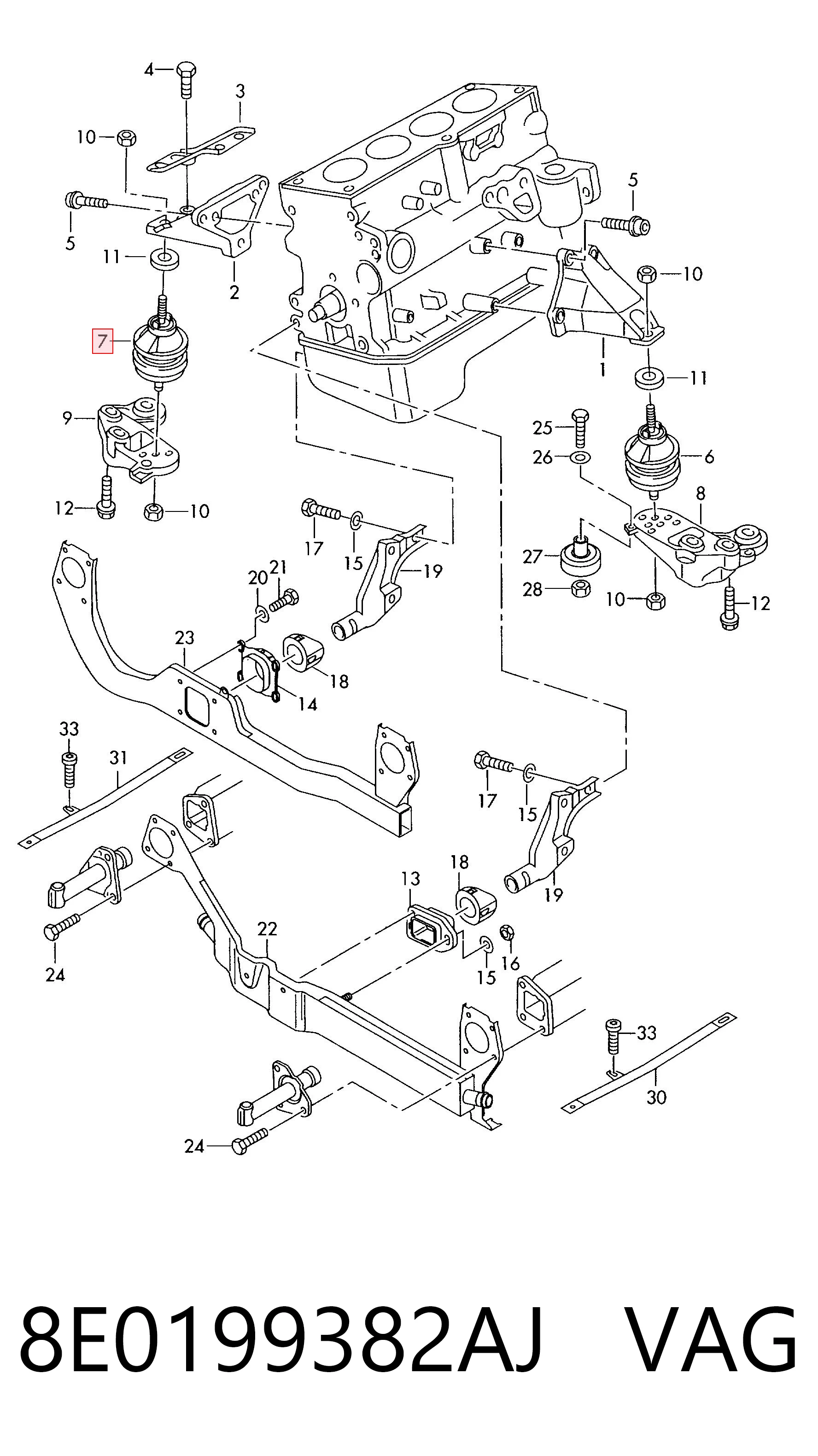 8E0199382AJ VAG Coxim (suporte) direito de motor