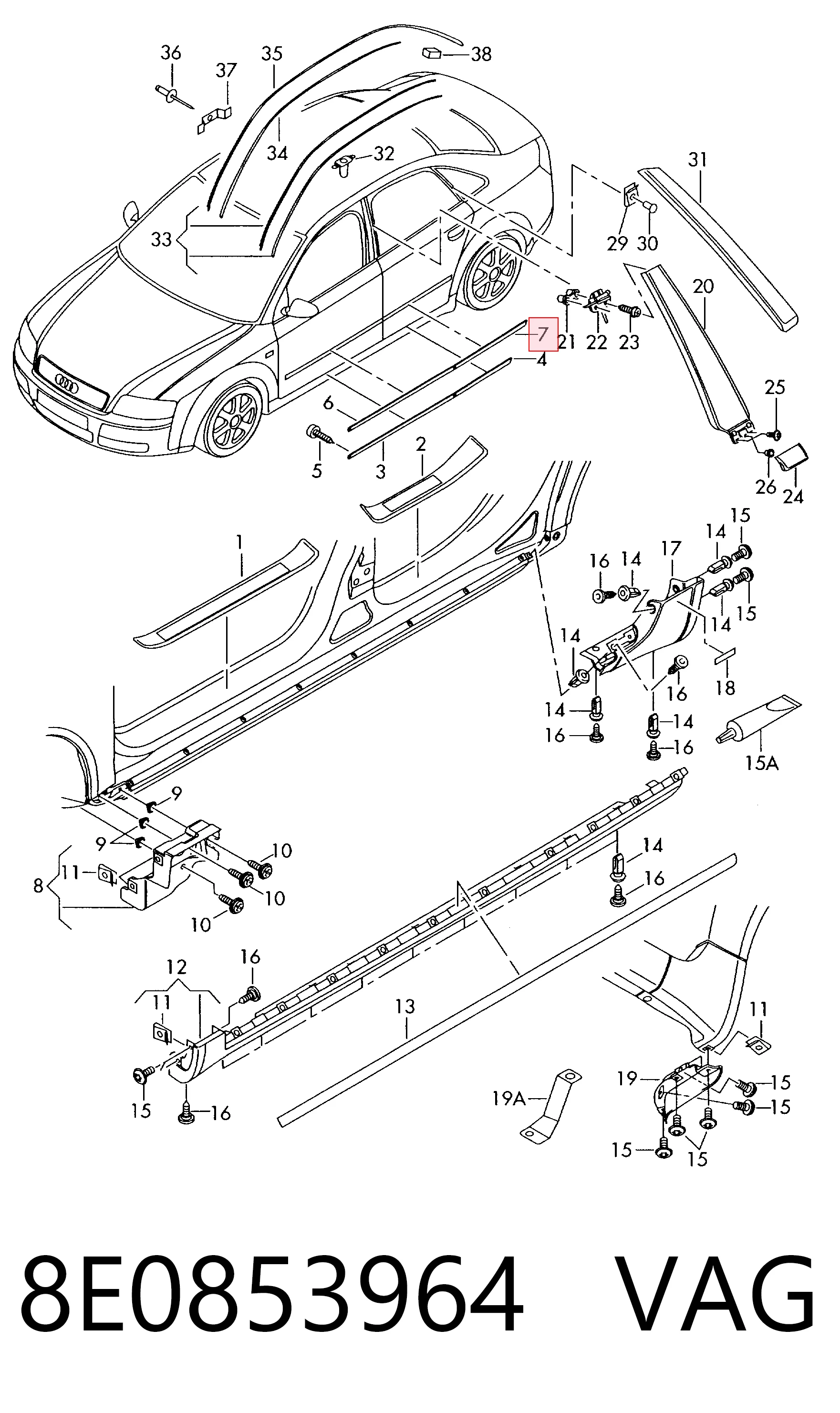 8E0853964 VAG Moldura da porta traseira direita