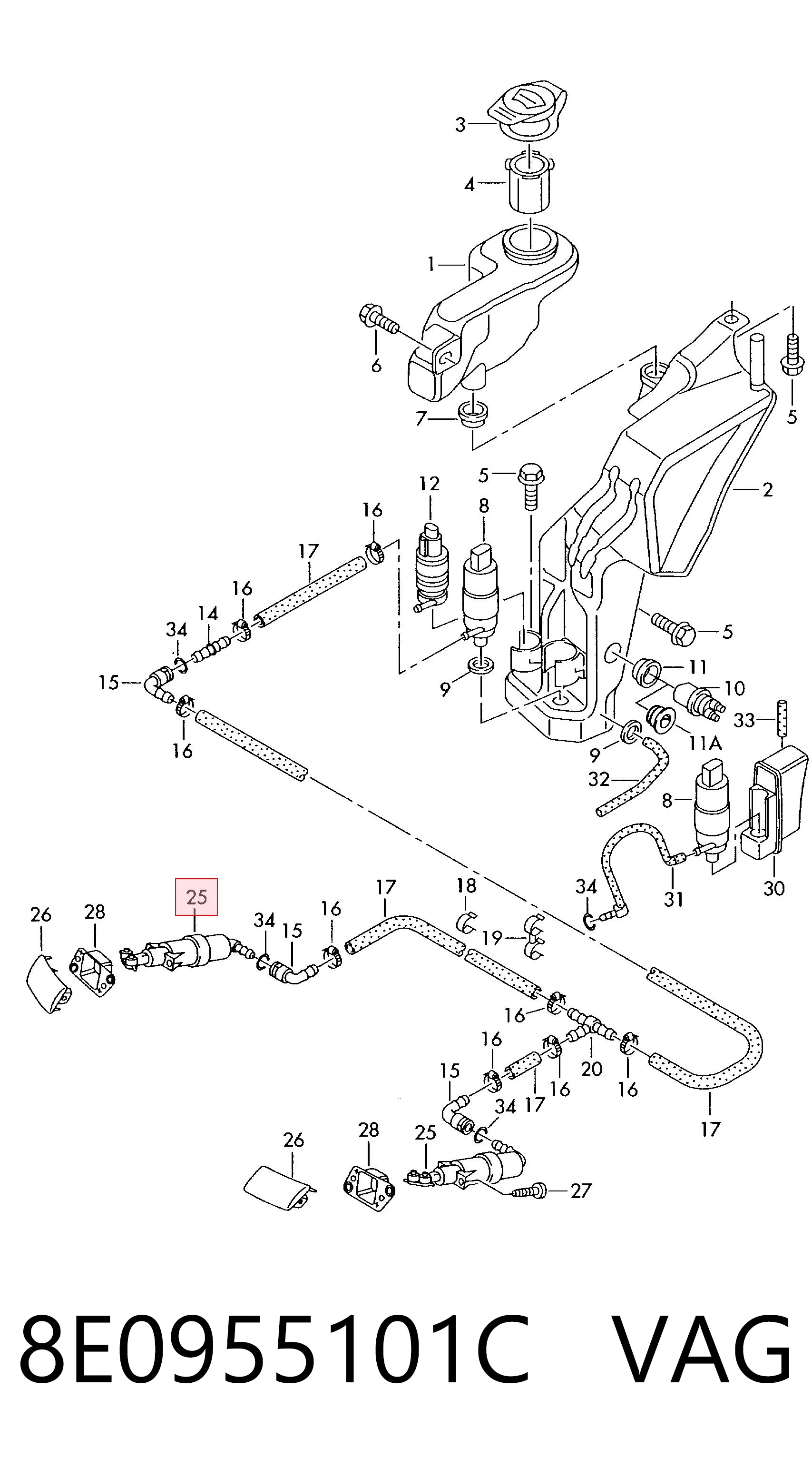 8E0955101C VAG Suporte do injetor de fluido para lavador das luzes (cilindro de elevação)