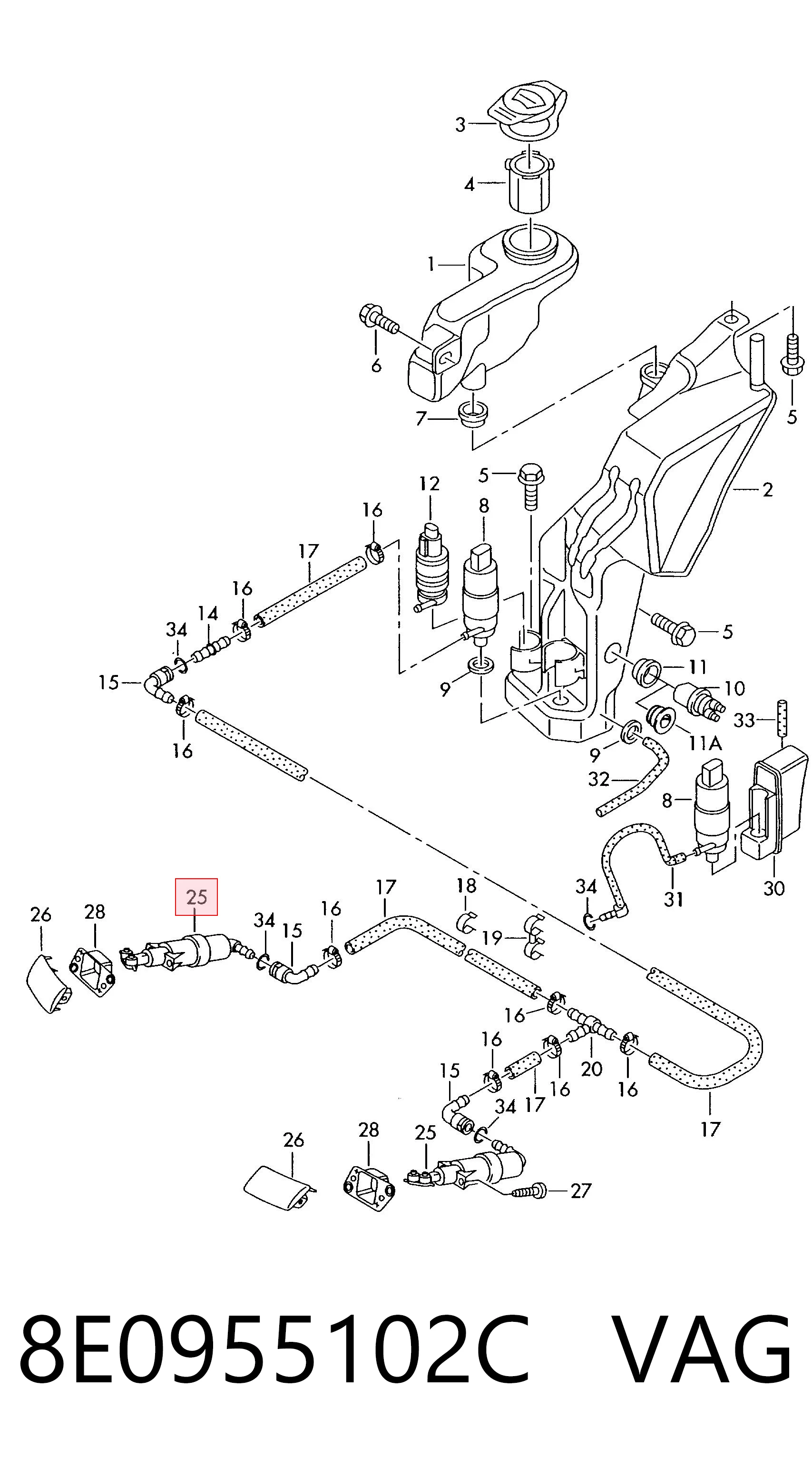 8E0955102C VAG Suporte do injetor de fluido para lavador das luzes (cilindro de elevação)