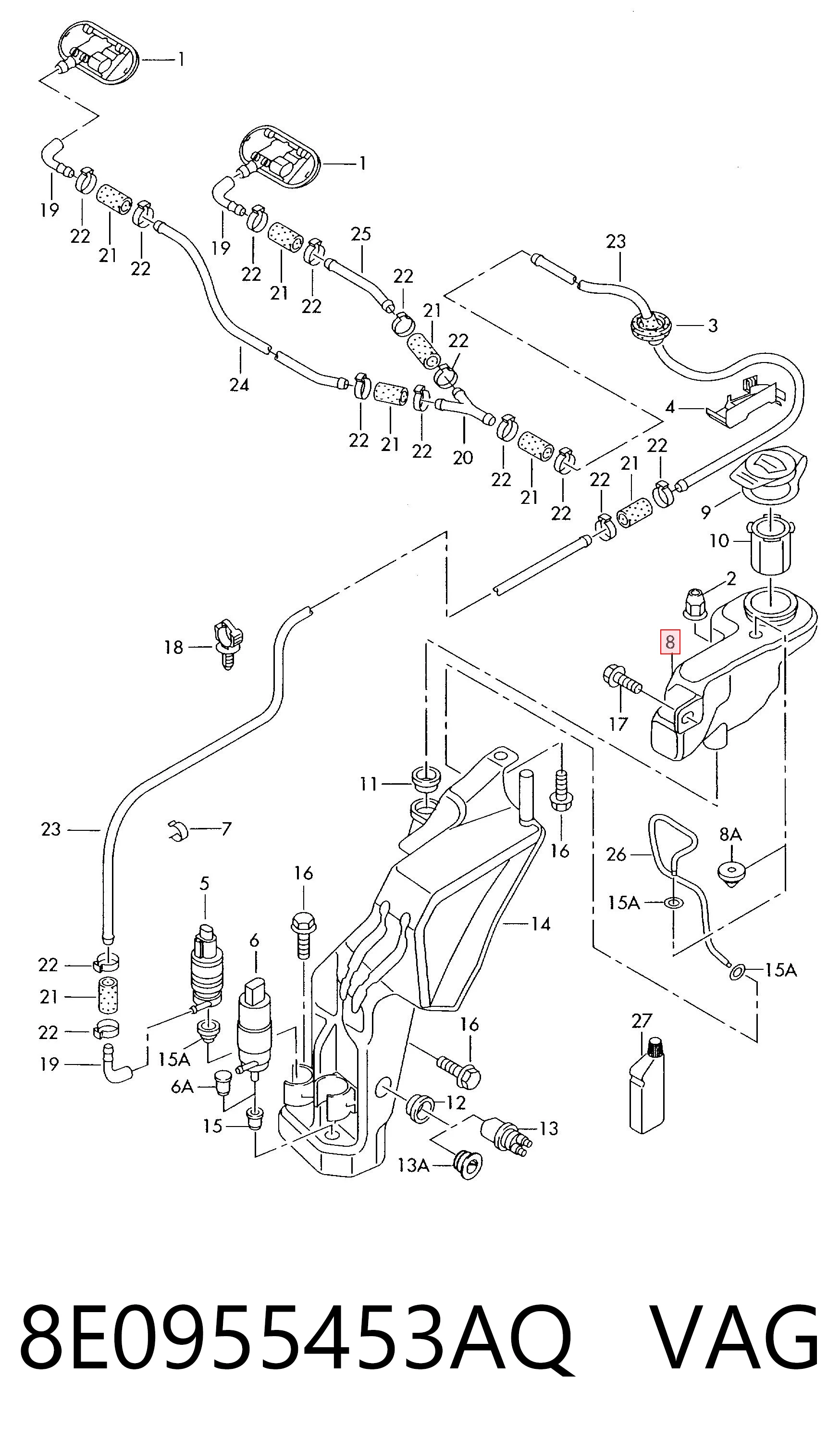Tanque de fluido para lavador de vidro para Audi A4 B7 8EC