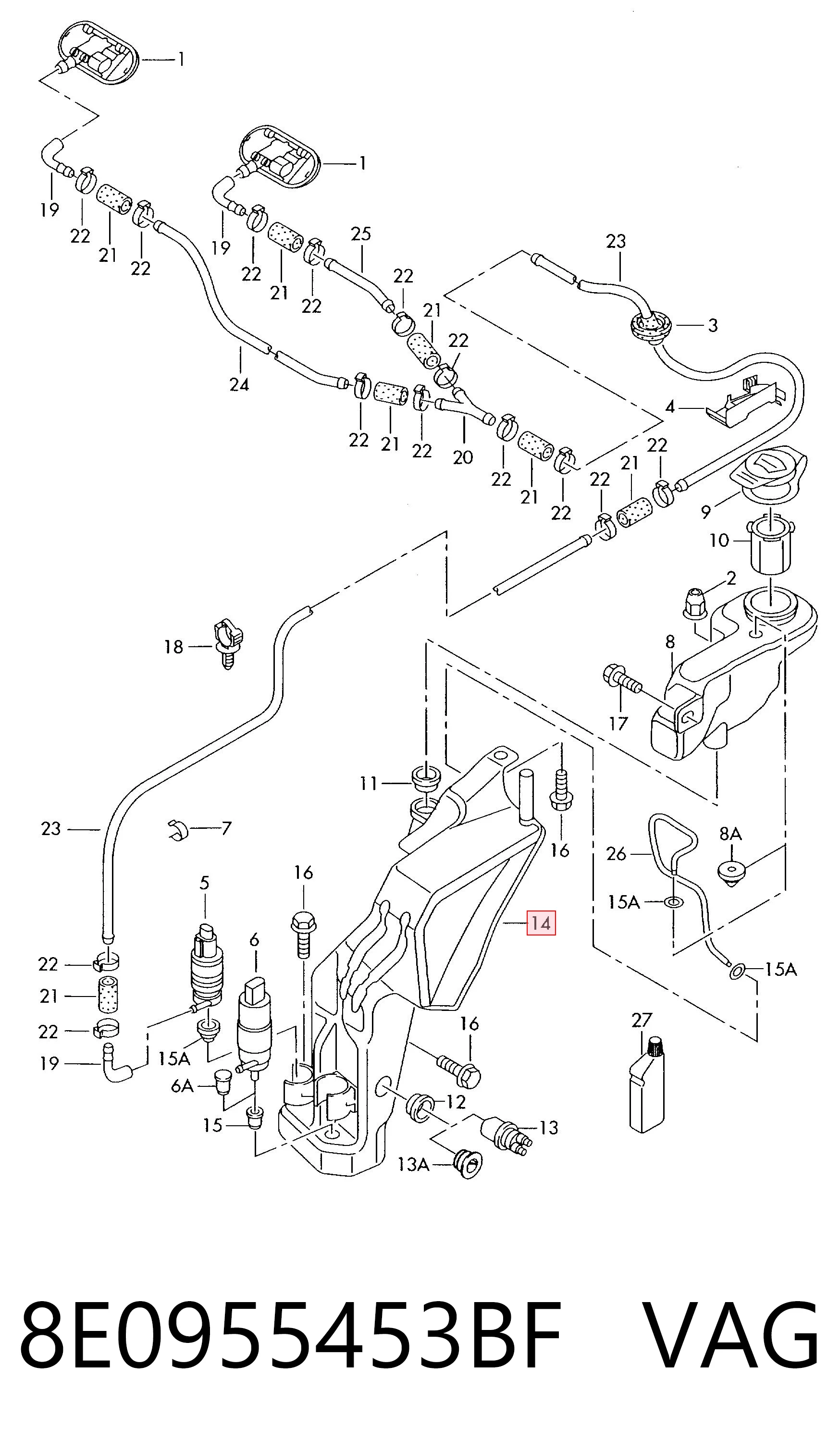 8E0955453BF VAG Tanque de fluido para lavador de vidro