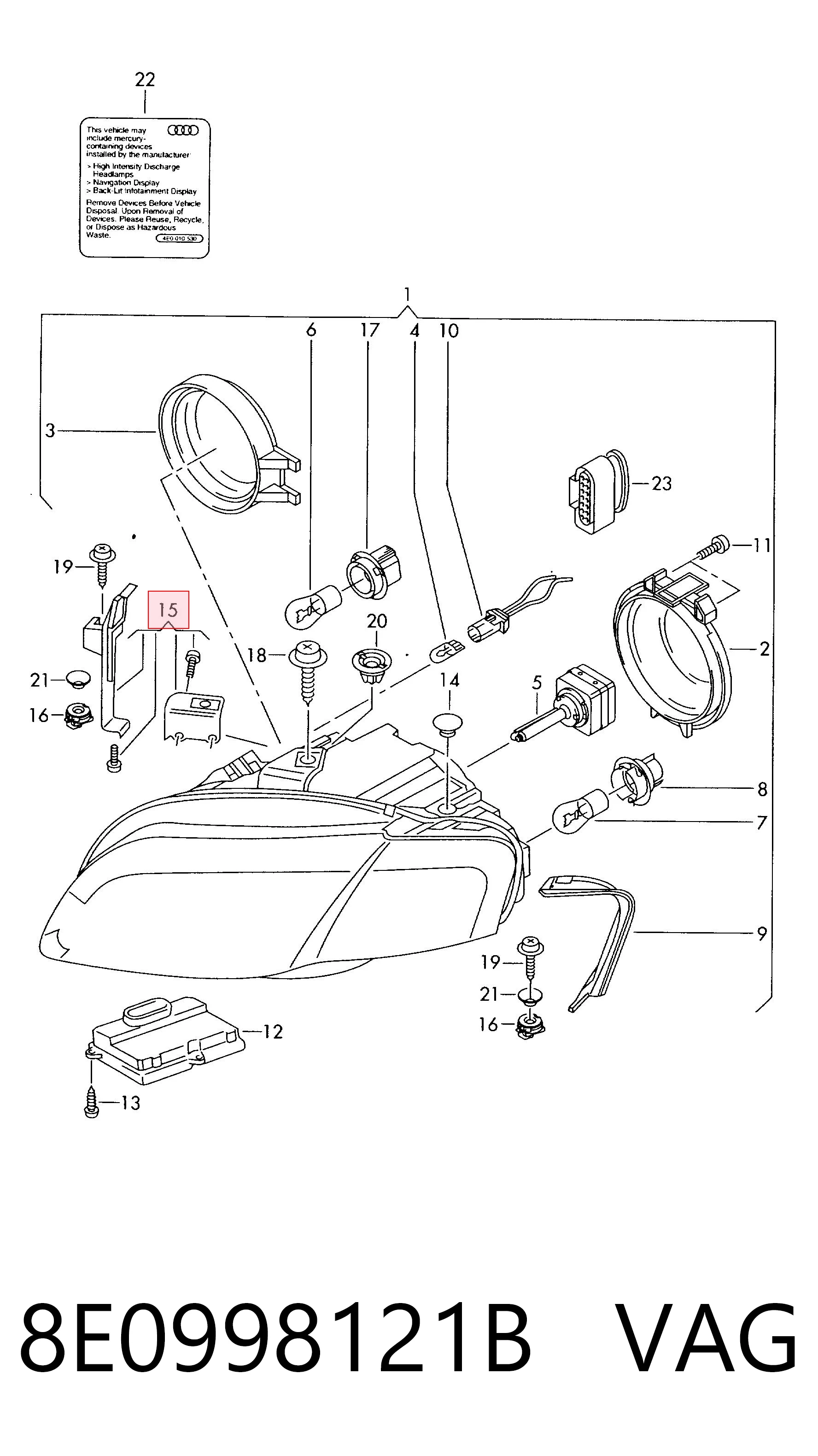 8E0998121B VAG Consola (adaptador) de fixação da luz dianteira esquerda