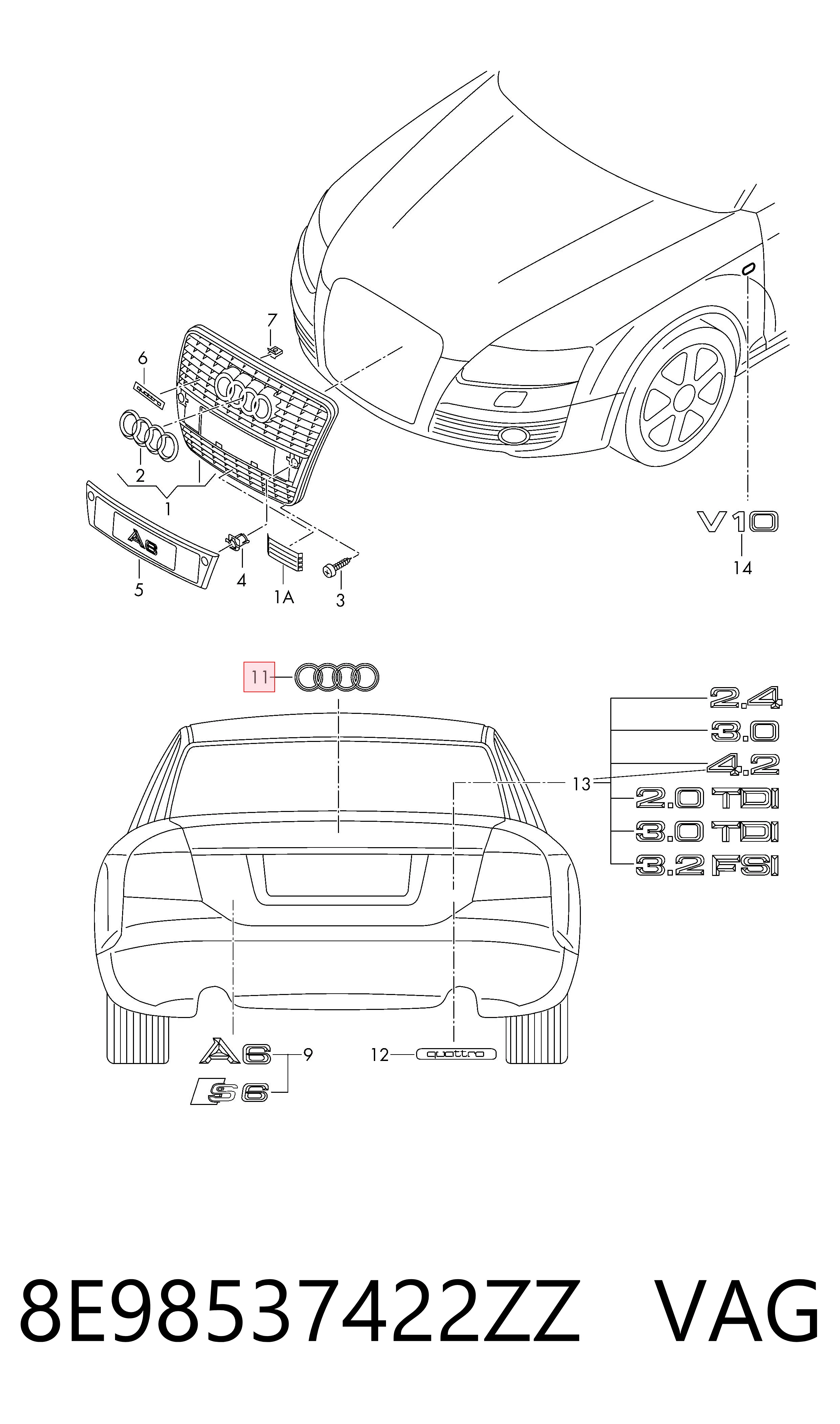 Emblema de tampa de porta-malas (emblema de firma) para Audi A6 C6 4F2