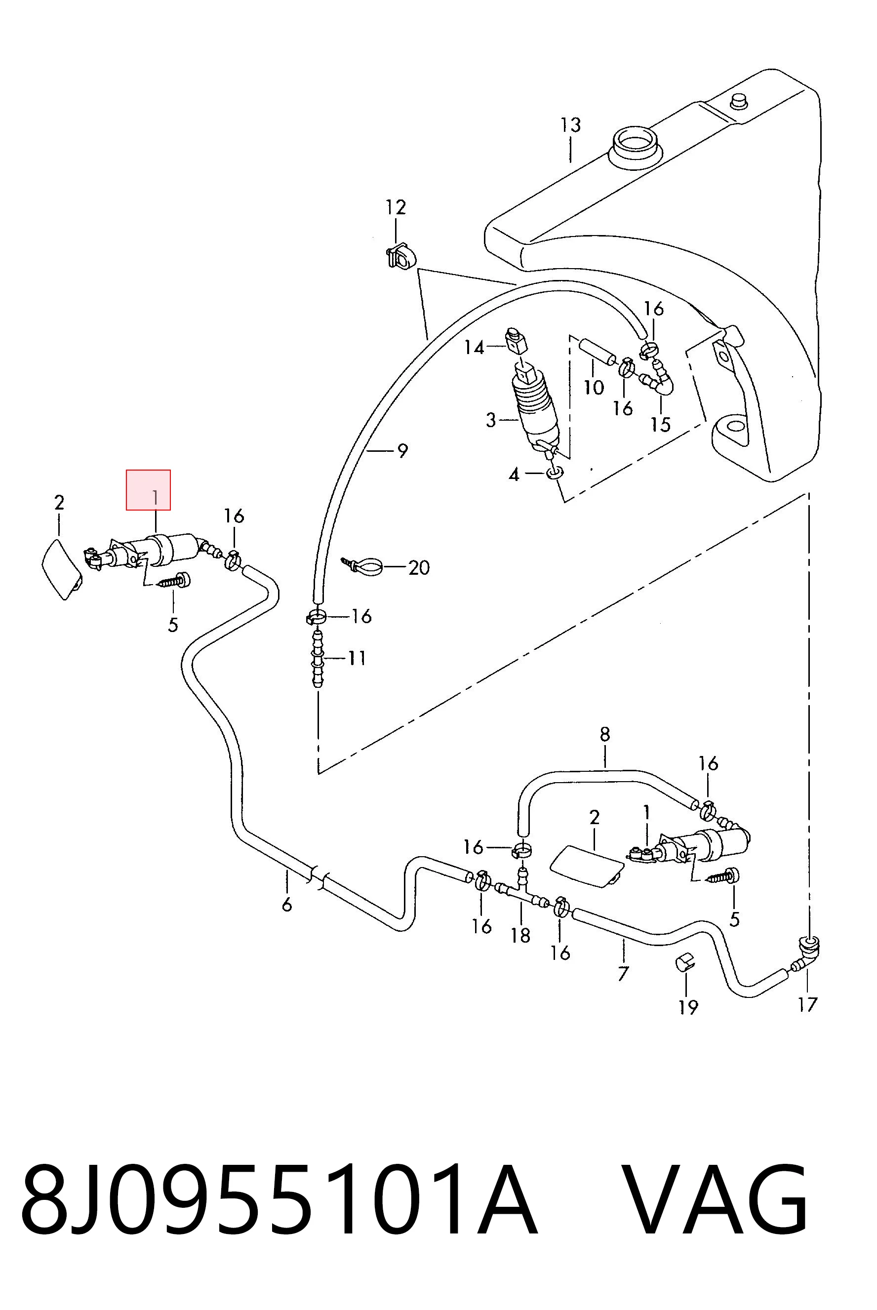 8J0955101A VAG Injetor de fluido para lavador da luz dianteira esquerda