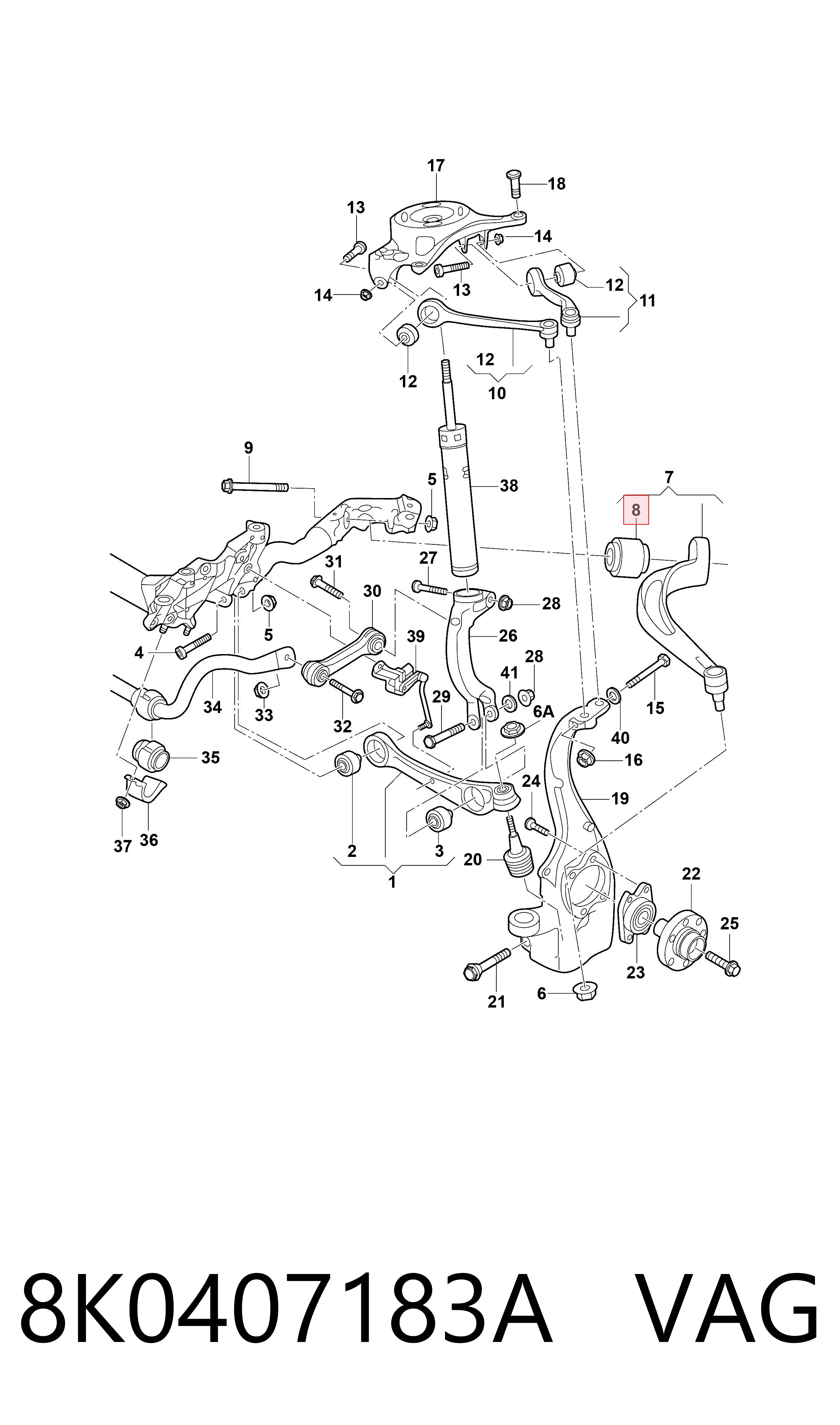 8K0407183A VAG Bloco silencioso dianteiro do braço oscilante inferior