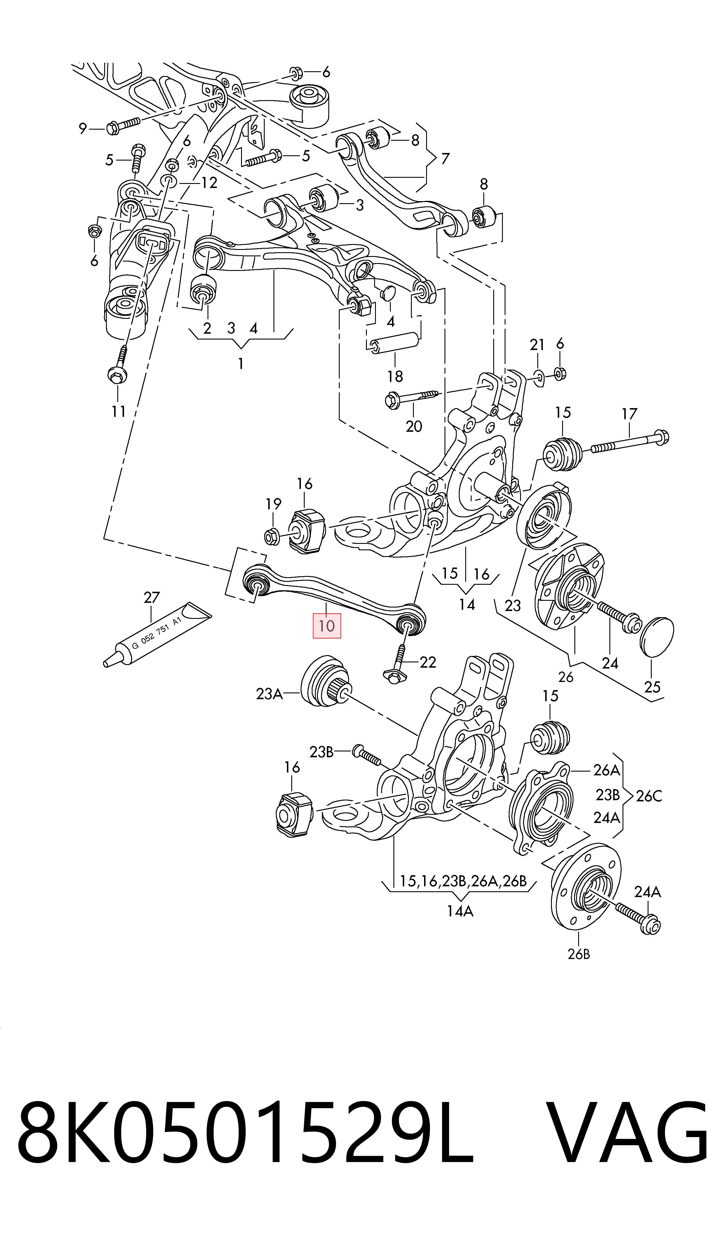 8K0501529L VAG Braço oscilante de suspensão traseira transversal