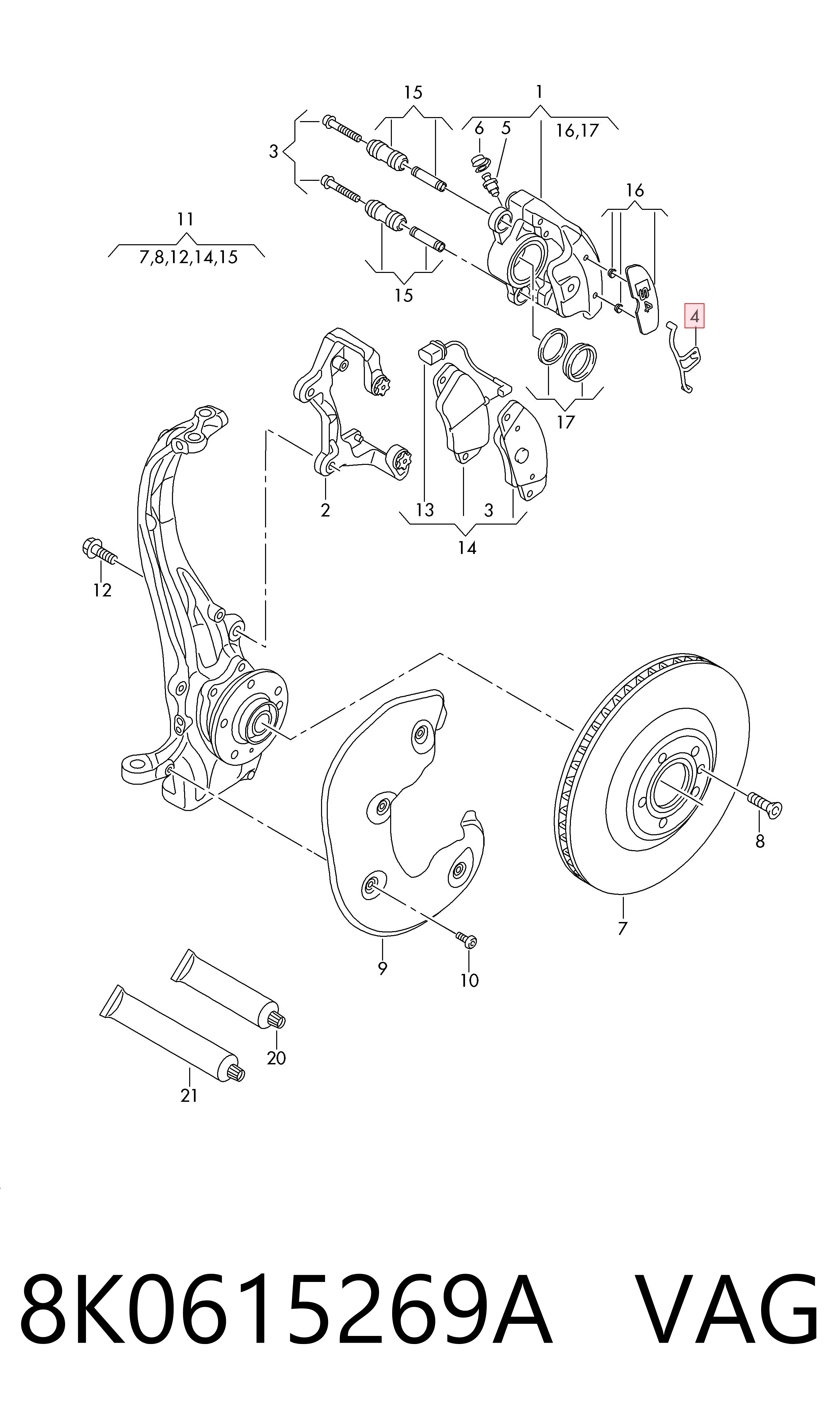 8K0615269A VAG Kit de molas de fixação de sapatas de disco dianteiras