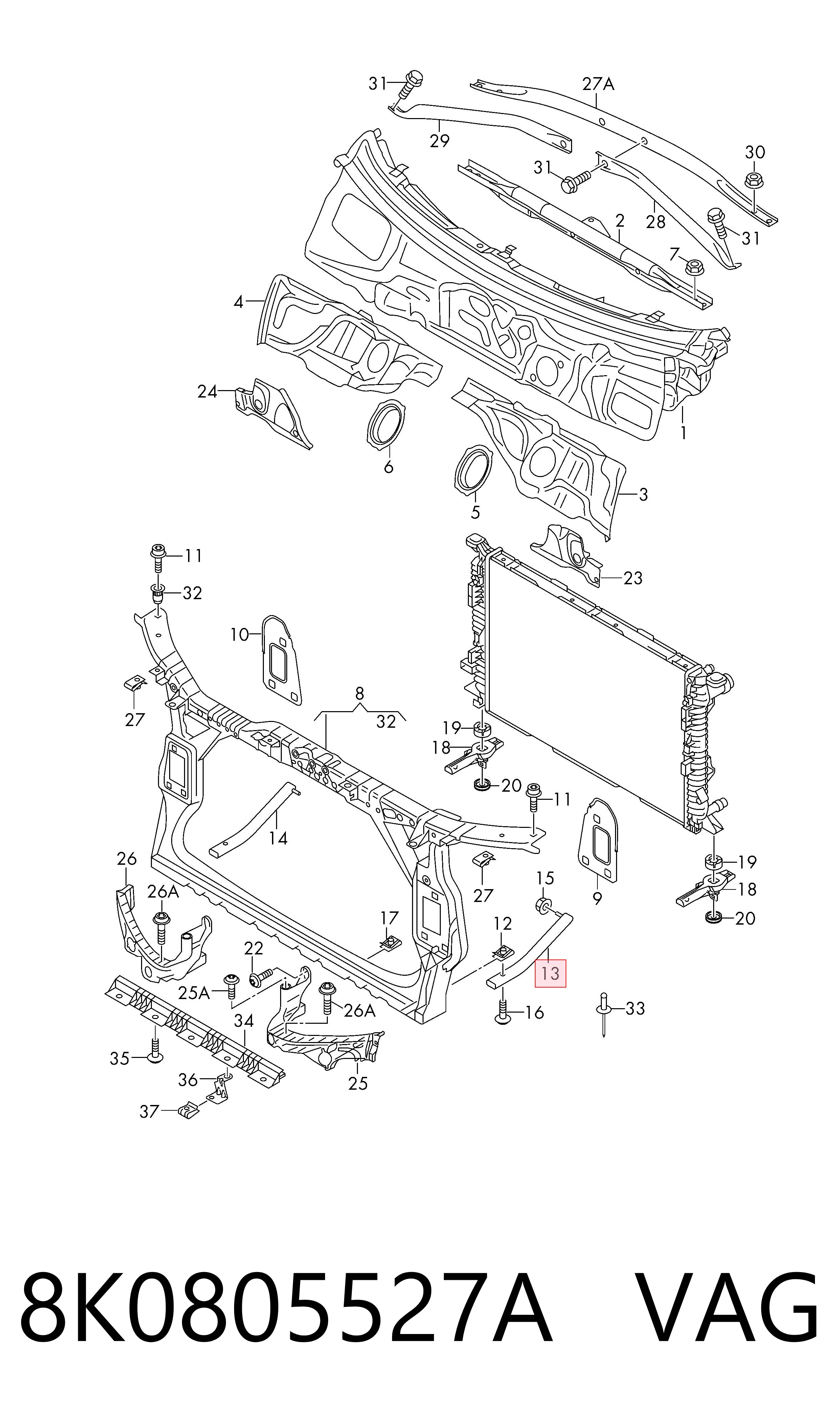 8K0805527A VAG Reforçador inferior de suporte do radiador