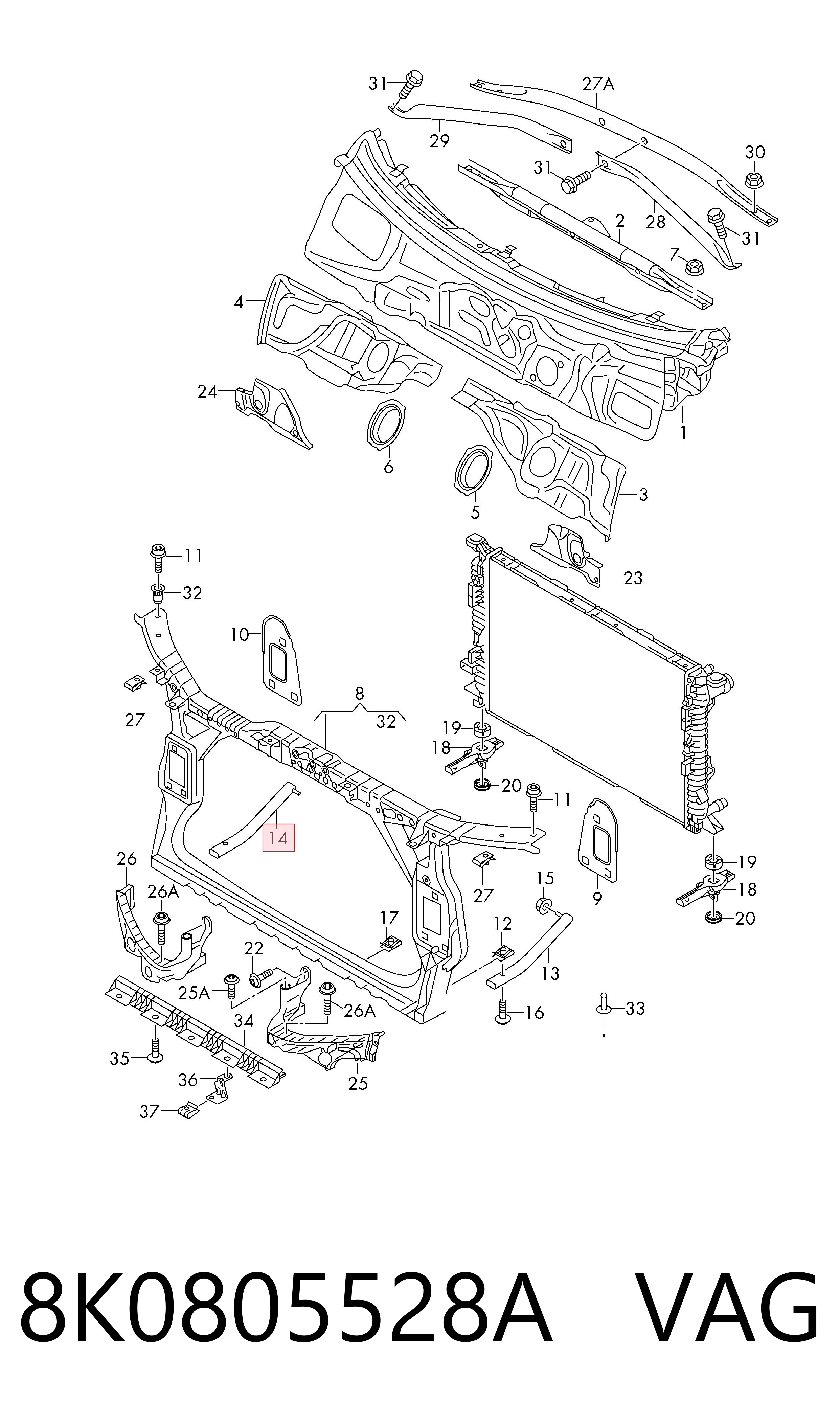8K0805528A VAG Reforçador inferior de suporte do radiador