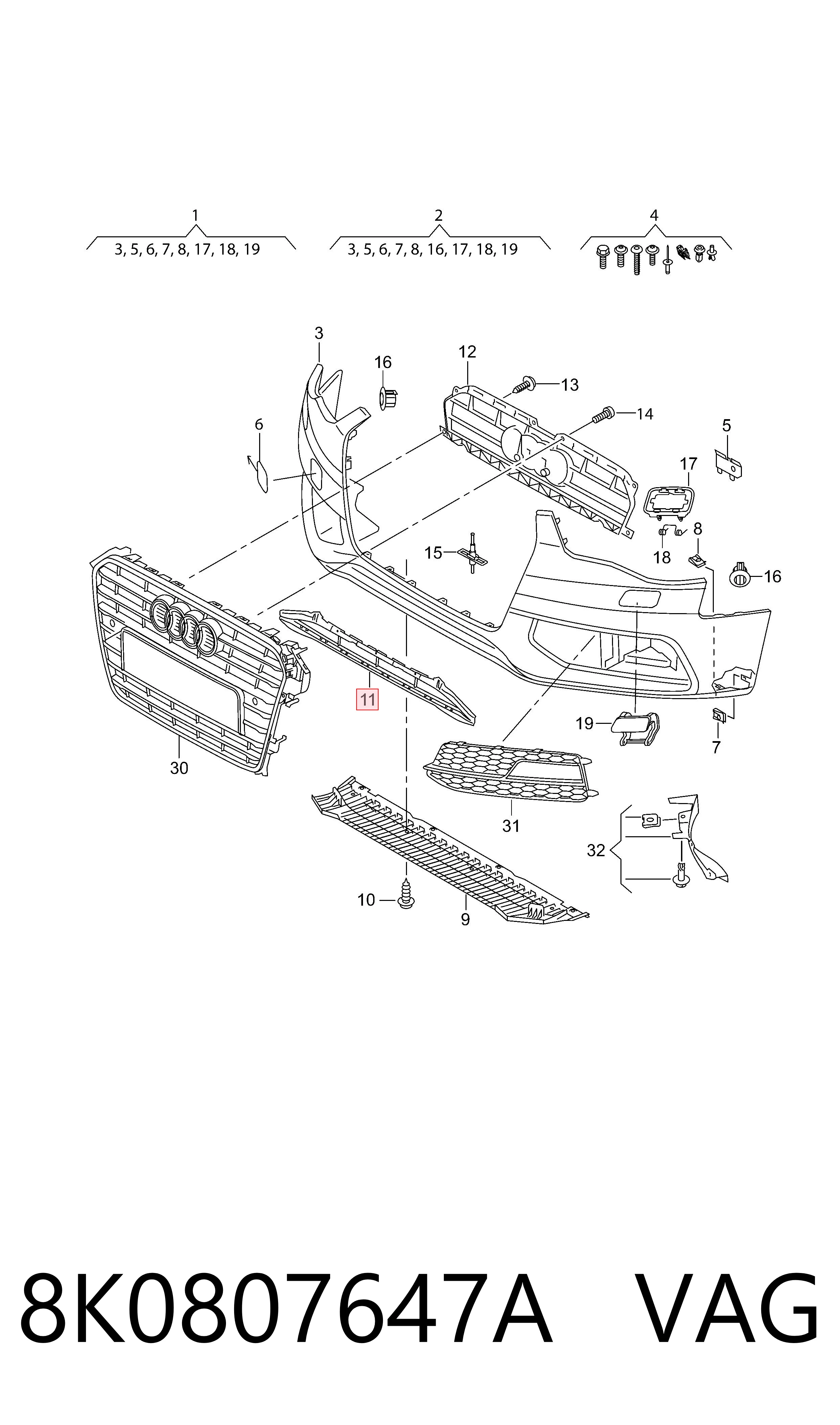 8K0807647A VAG Grelha inferior do pára-choque dianteiro