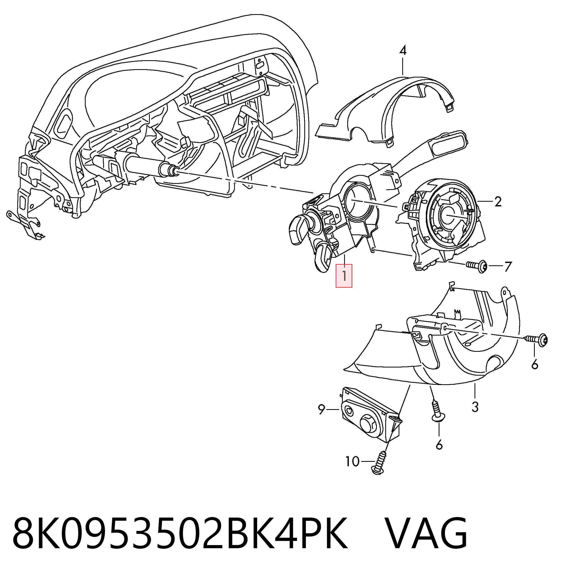 8K0953502BK4PK VAG Comutador instalado na coluna da direção, montado
