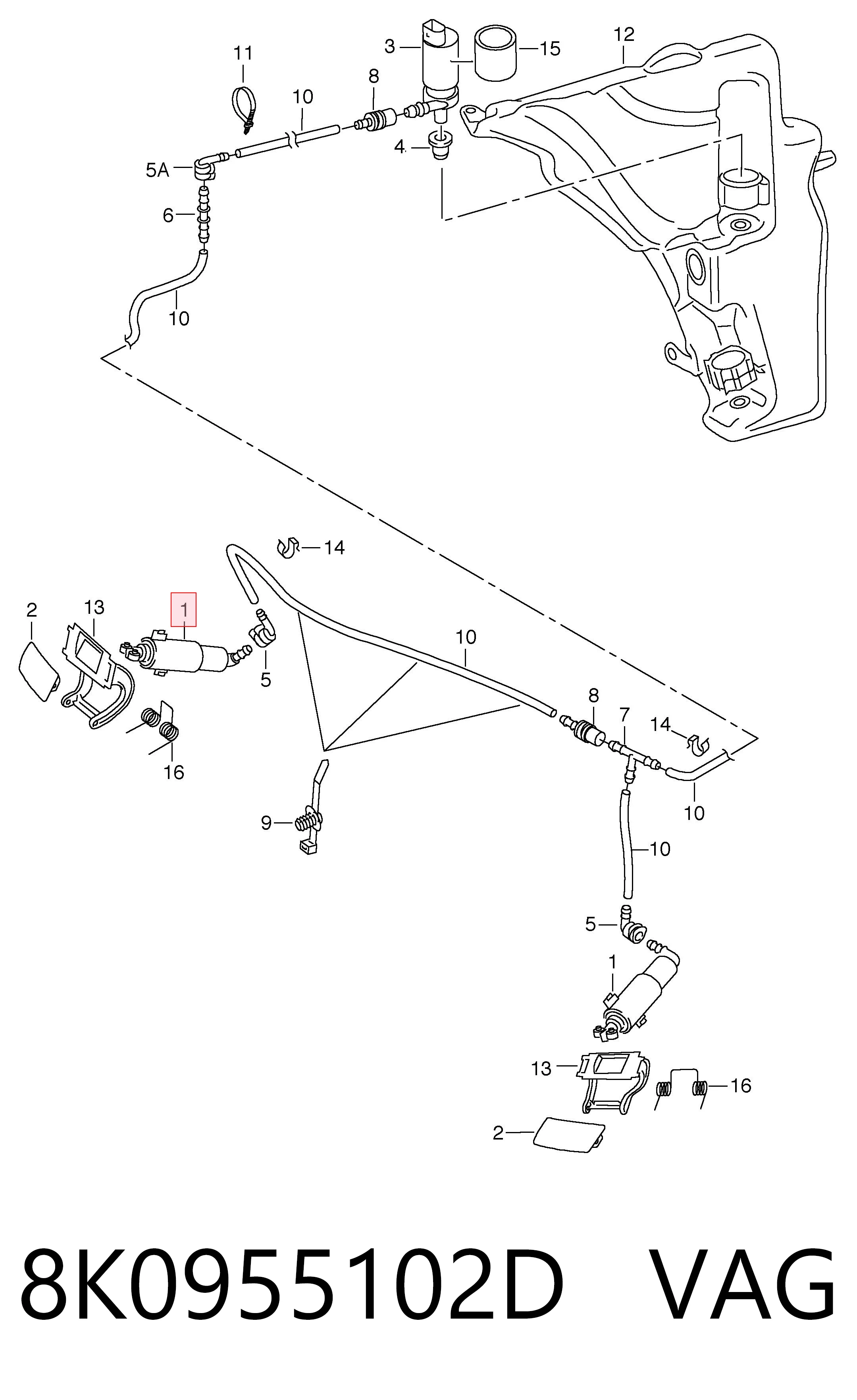 8K0955102D VAG Suporte do injetor de fluido para lavador das luzes (cilindro de elevação)