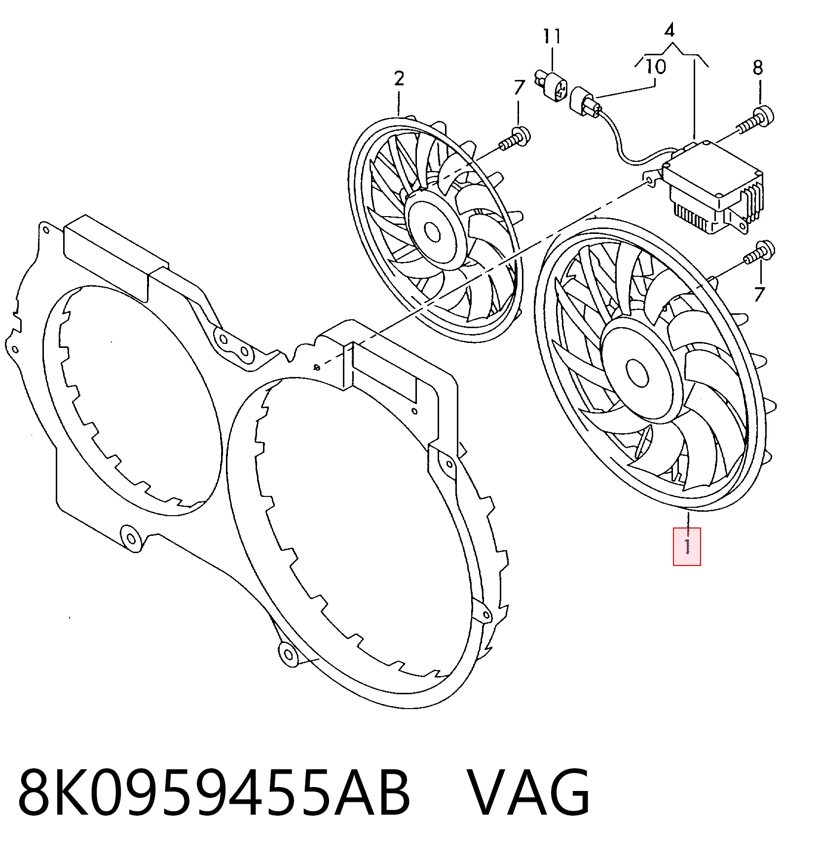 8K0959455AB VAG Ventilador elétrico de esfriamento montado (motor + roda de aletas) esquerdo