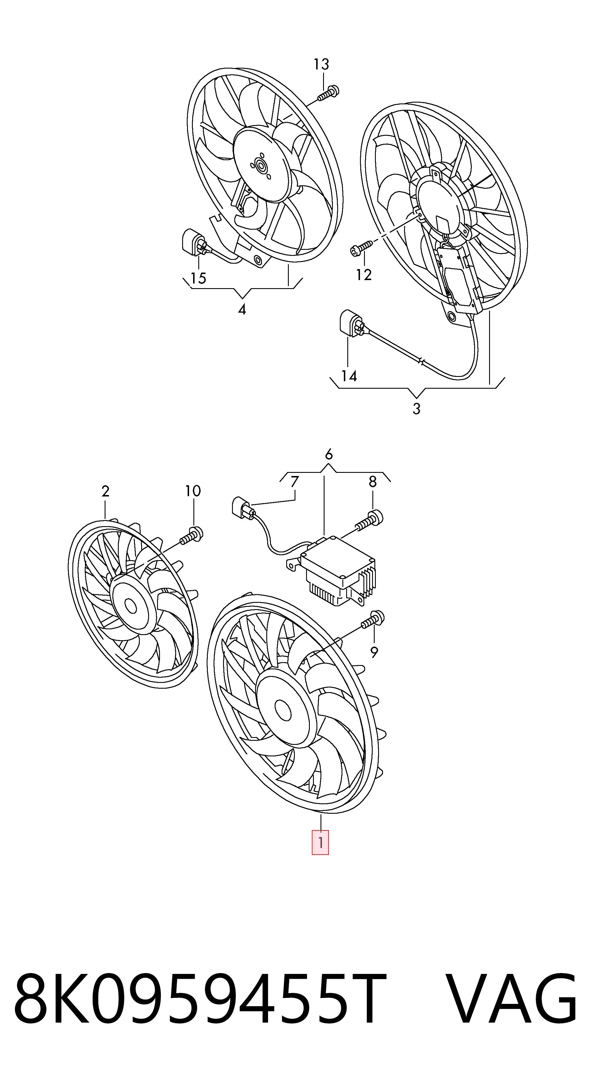 Ventilador elétrico de esfriamento montado (motor + roda de aletas) esquerdo VAG 8K0959455T preço, a partir de 161,39 USD