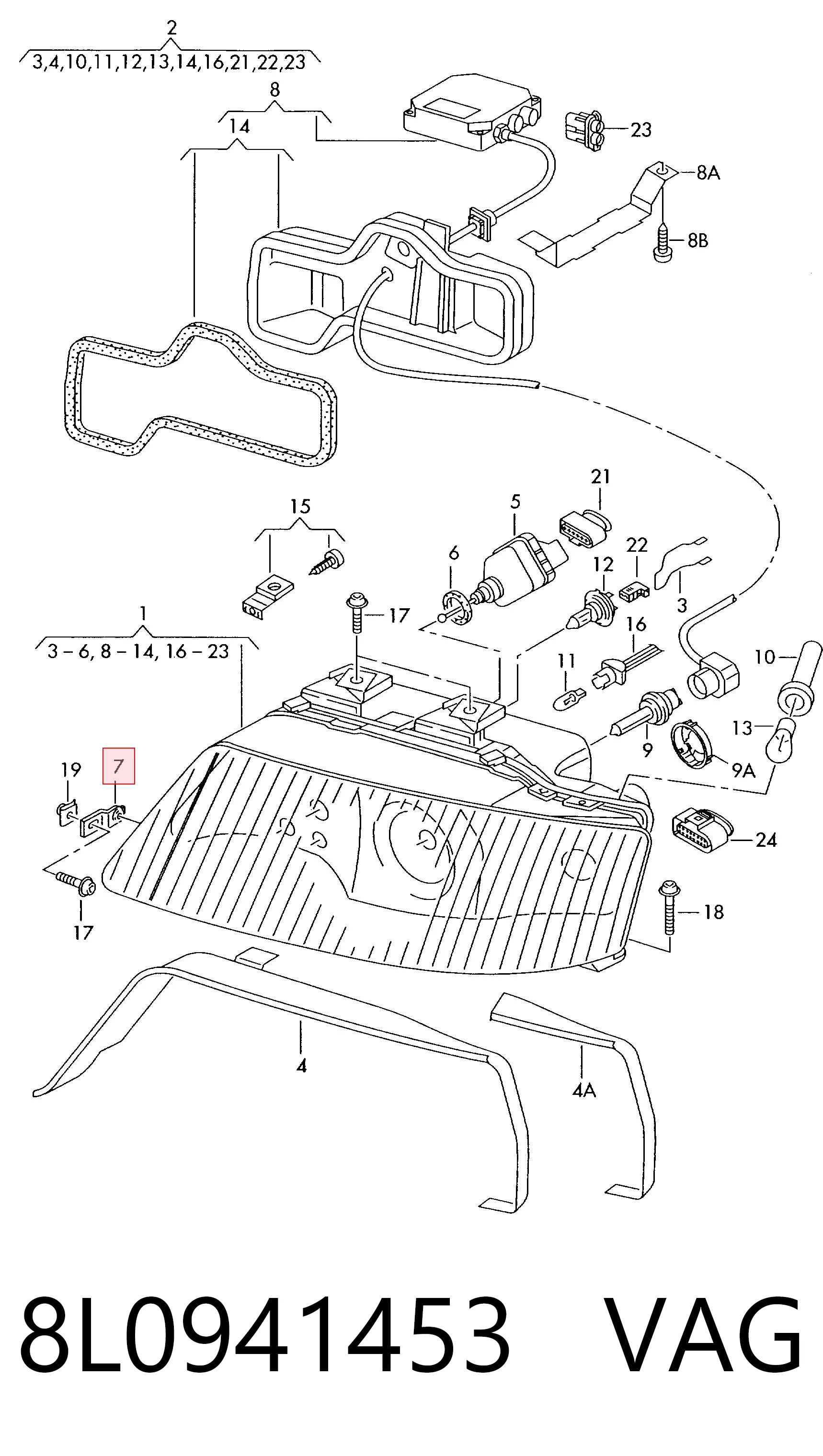 8L0941453 VAG Consola (adaptador) de fixação da luz dianteira esquerda