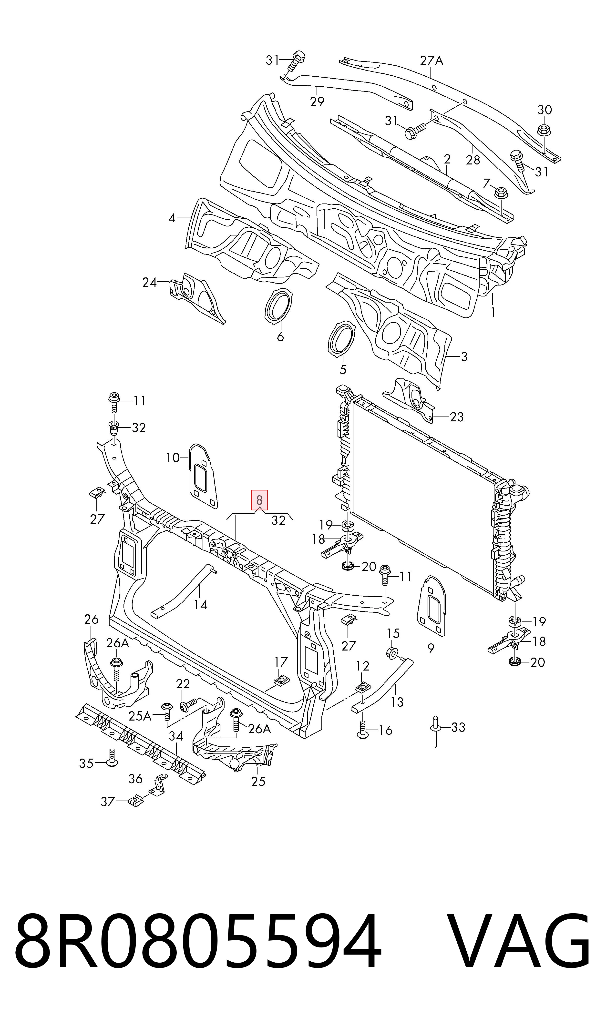 8R0805594 VAG Suporte do radiador montado (painel de montagem de fixação das luzes)