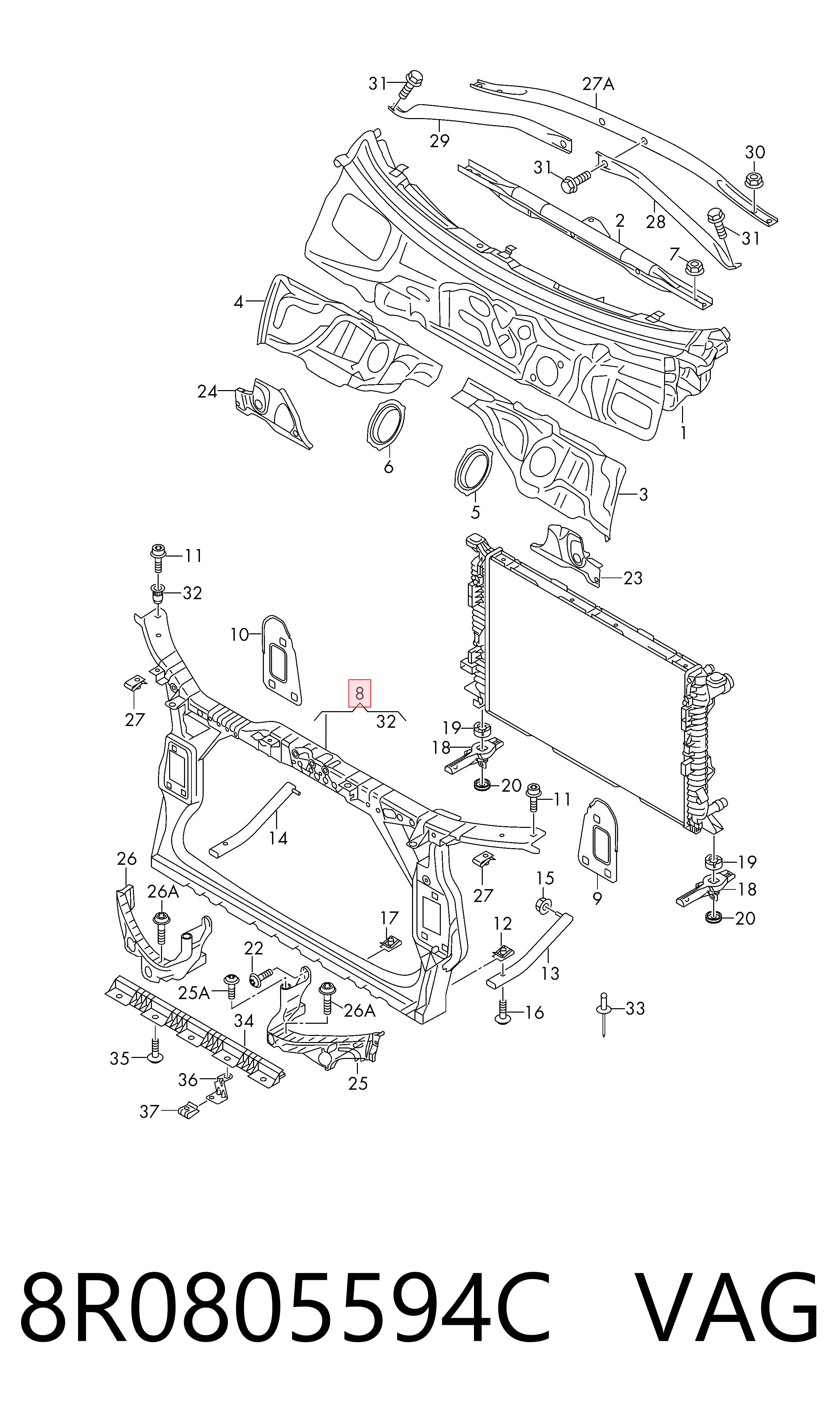 8R0805594C VAG Suporte do radiador montado (painel de montagem de fixação das luzes)