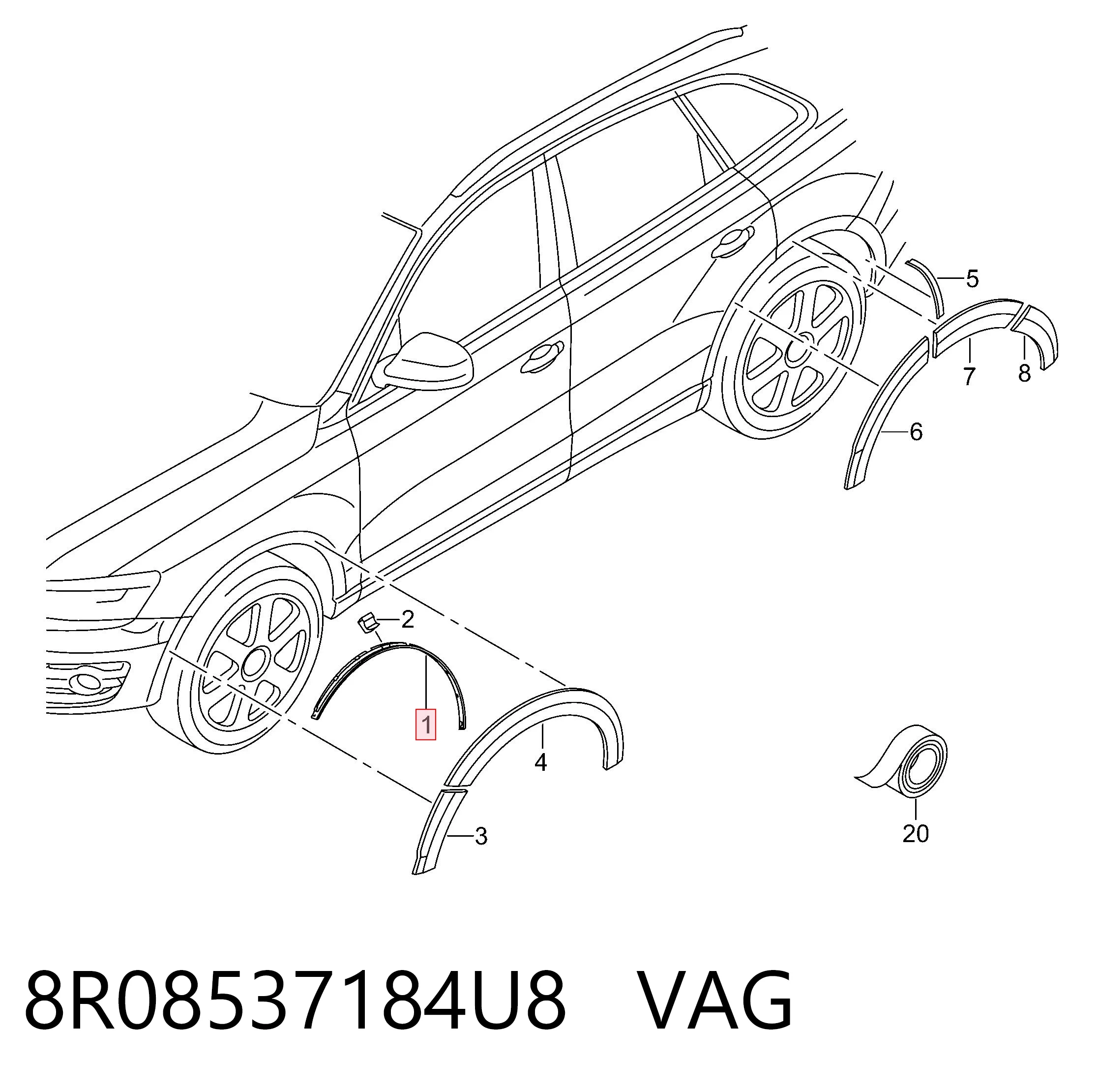 8R08537184U8 VAG Expansor (placa sobreposta) de arco do pára-lama dianteiro direito