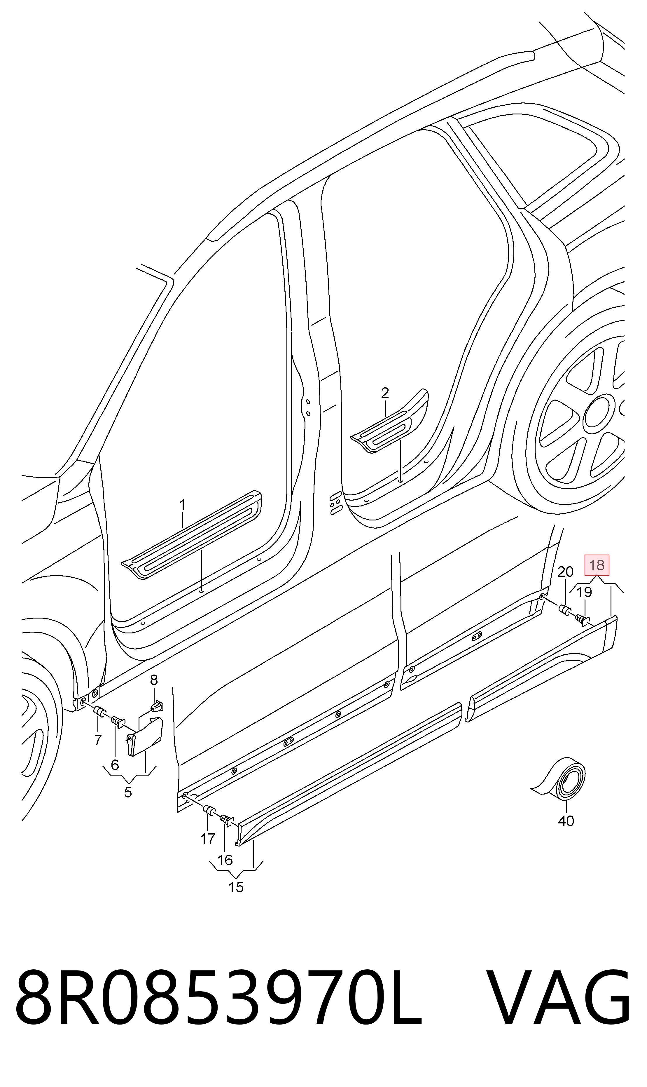 8R0853970L VAG Moldura da porta dianteira esquerda inferior