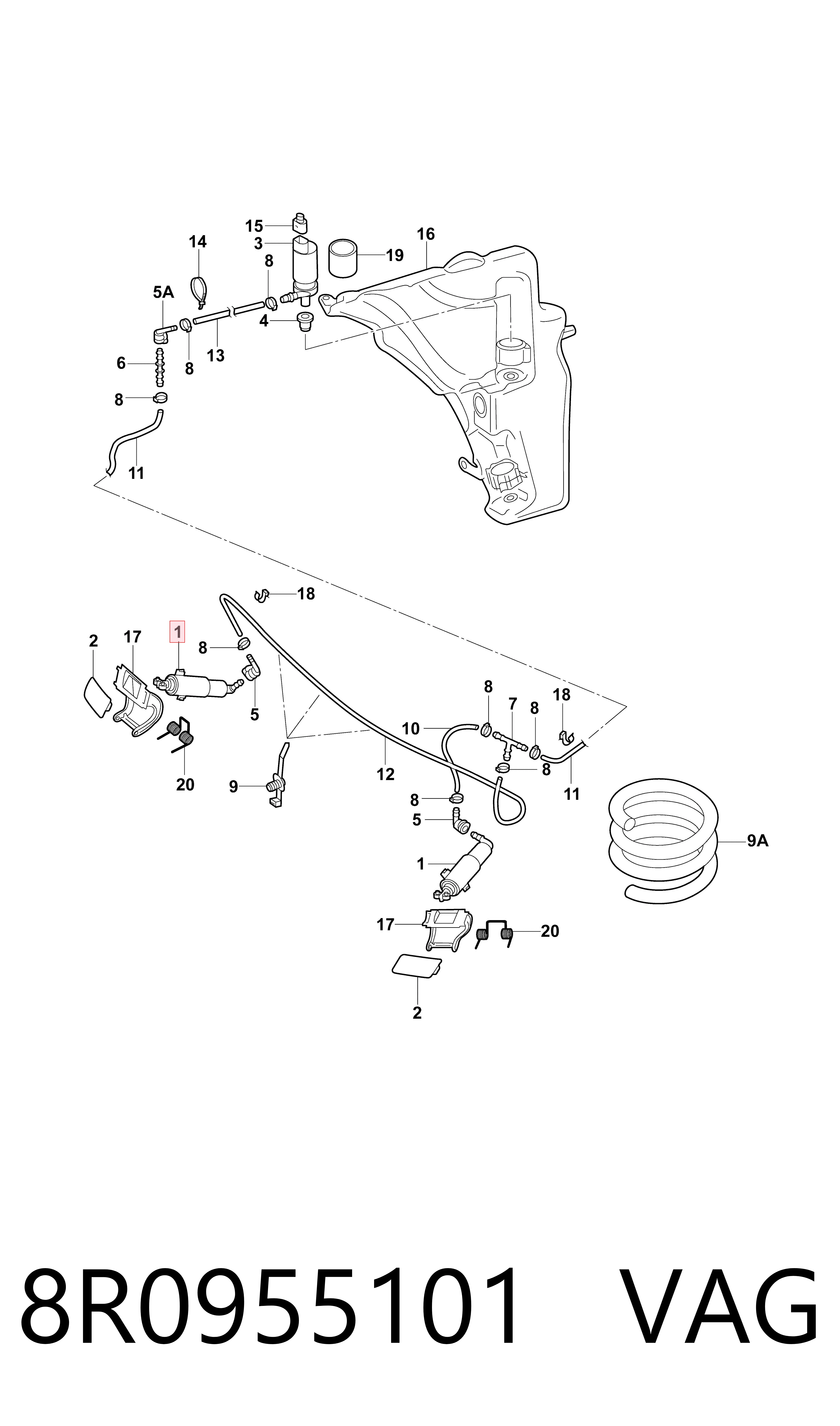 8R0955101 VAG Suporte do injetor de fluido para lavador das luzes (cilindro de elevação)