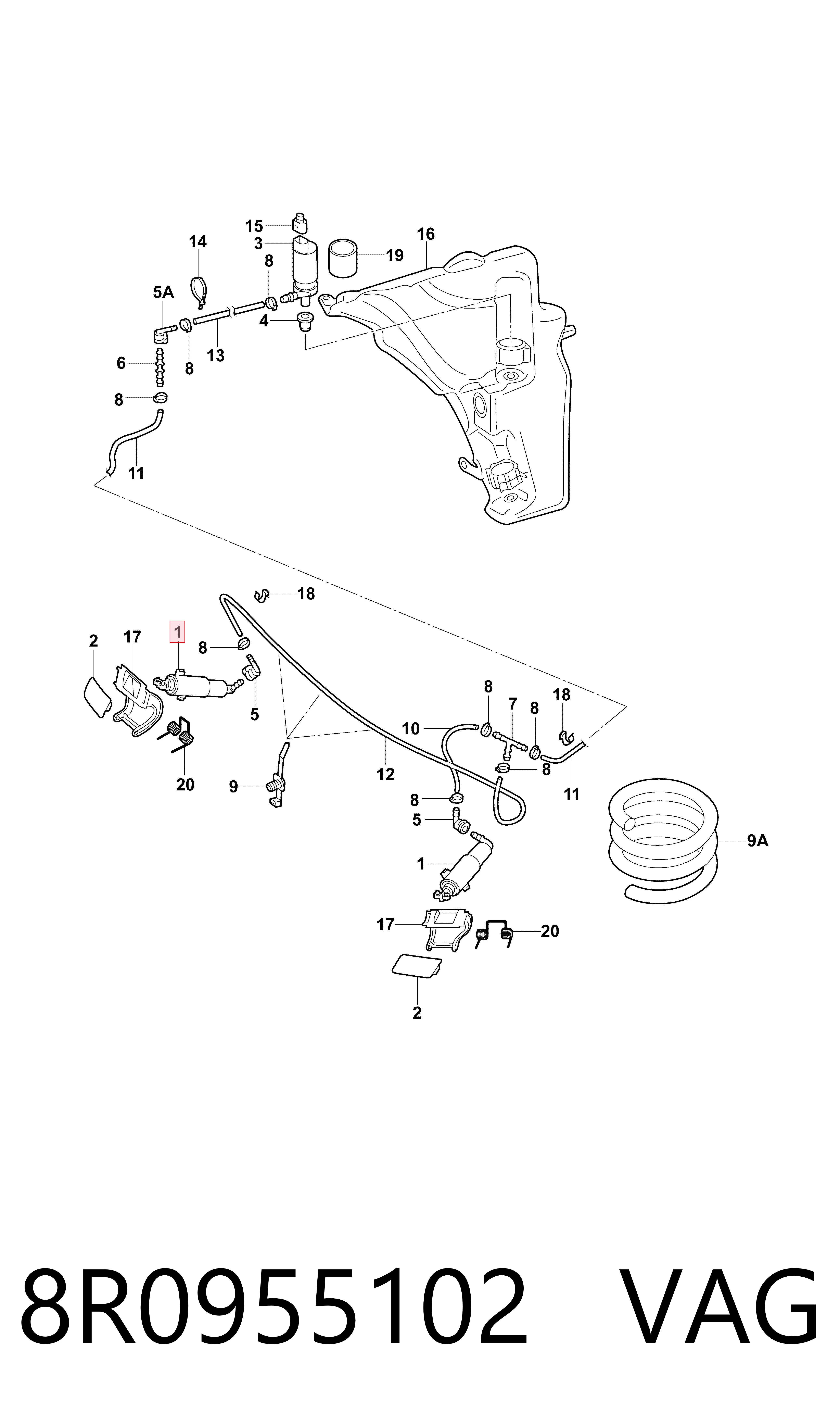 8R0955102 VAG Suporte do injetor de fluido para lavador das luzes (cilindro de elevação)