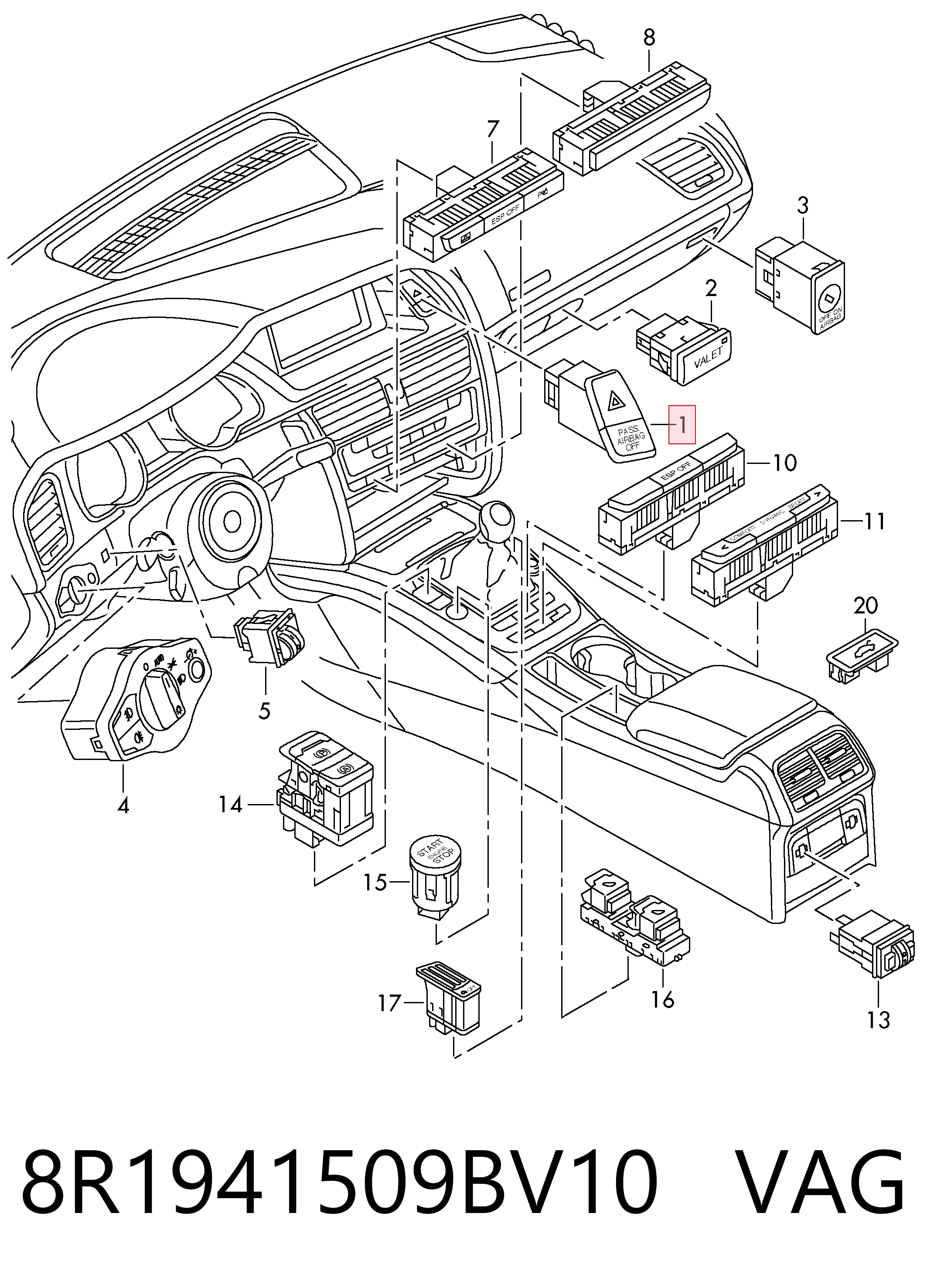 Botão de ativação do sinal de emergência Audi Q5  8RB