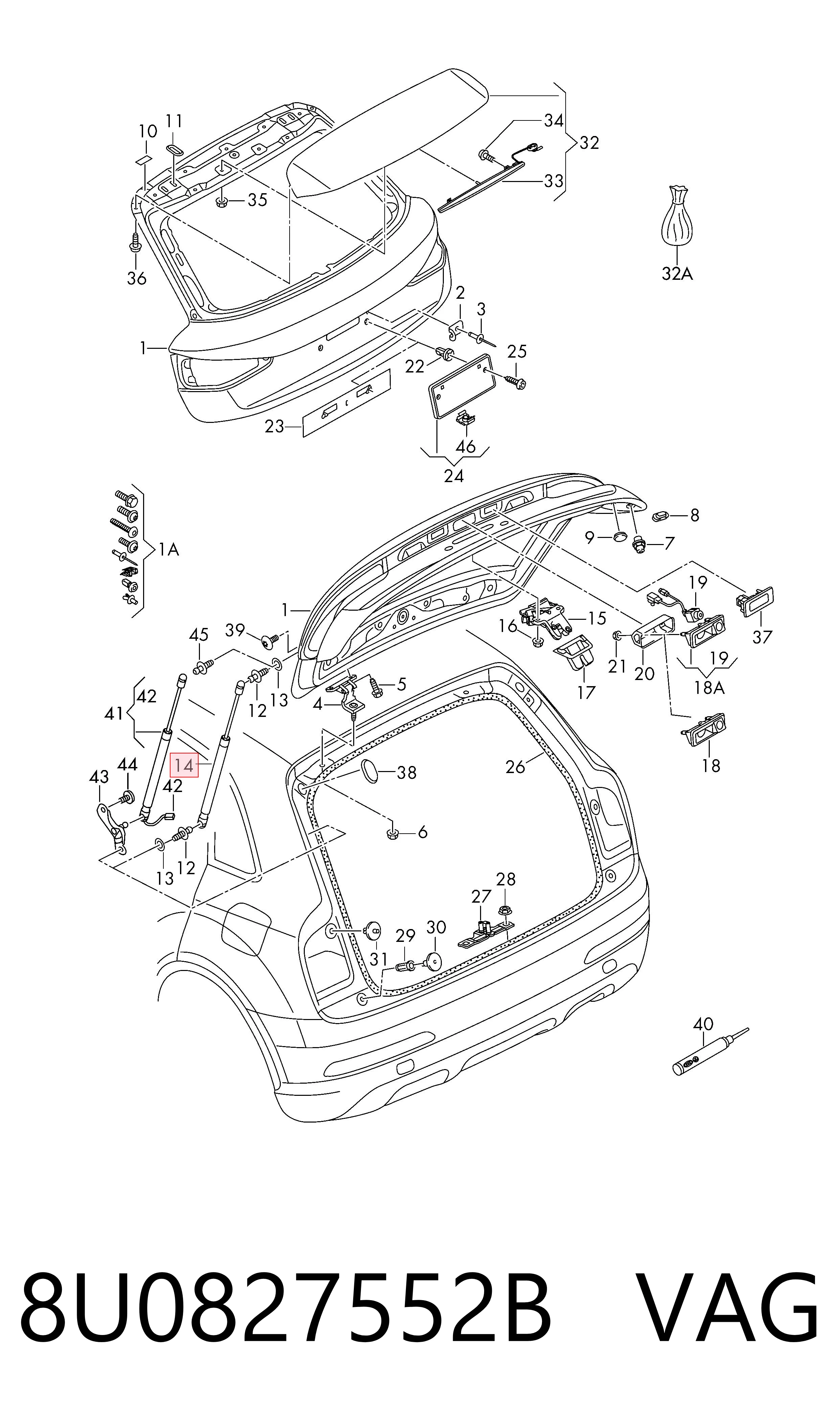 8U0827552B VAG Amortecedor de tampa de porta-malas (de 3ª/5ª porta traseira)