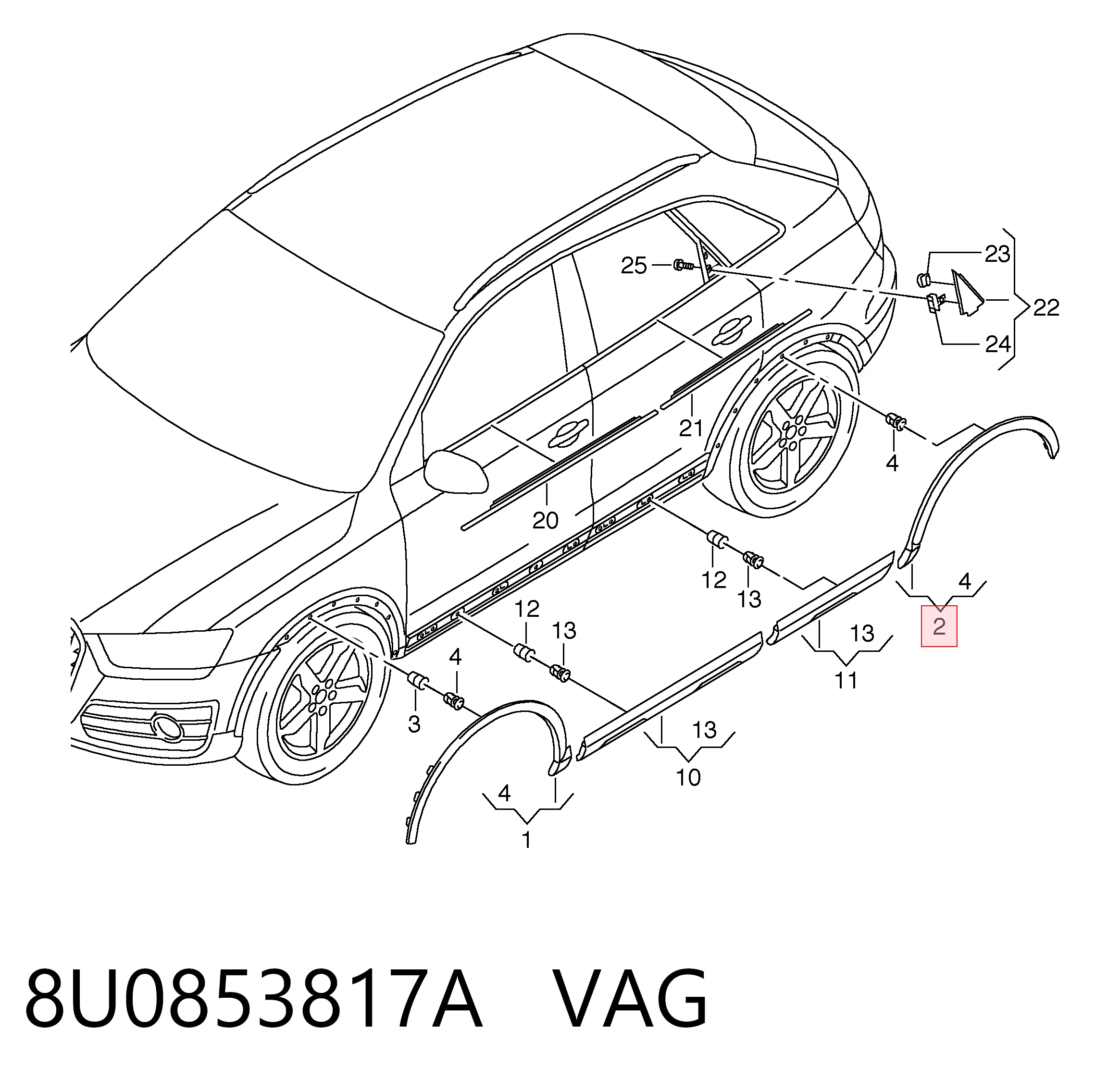 8U0853817A VAG Expansor esquerdo (placa sobreposta) de arco do pára-lama traseiro