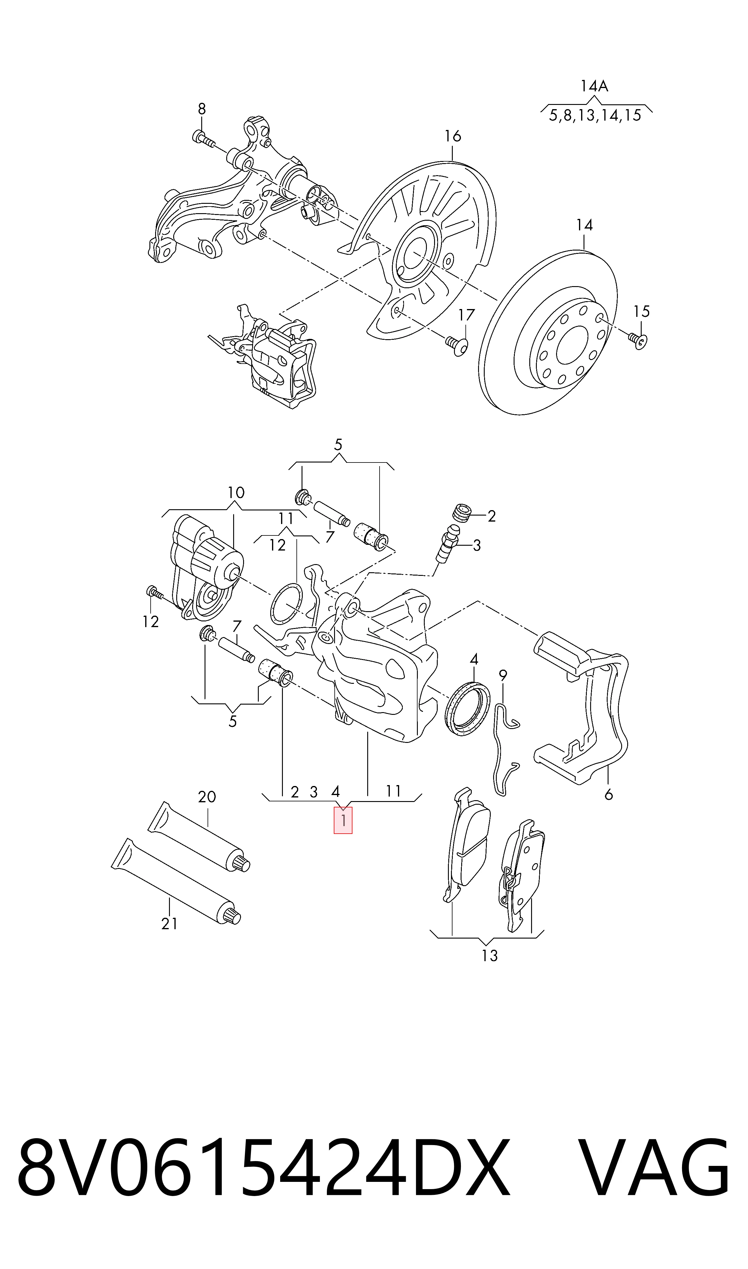8V0615424DX VAG Suporte do freio traseiro direito