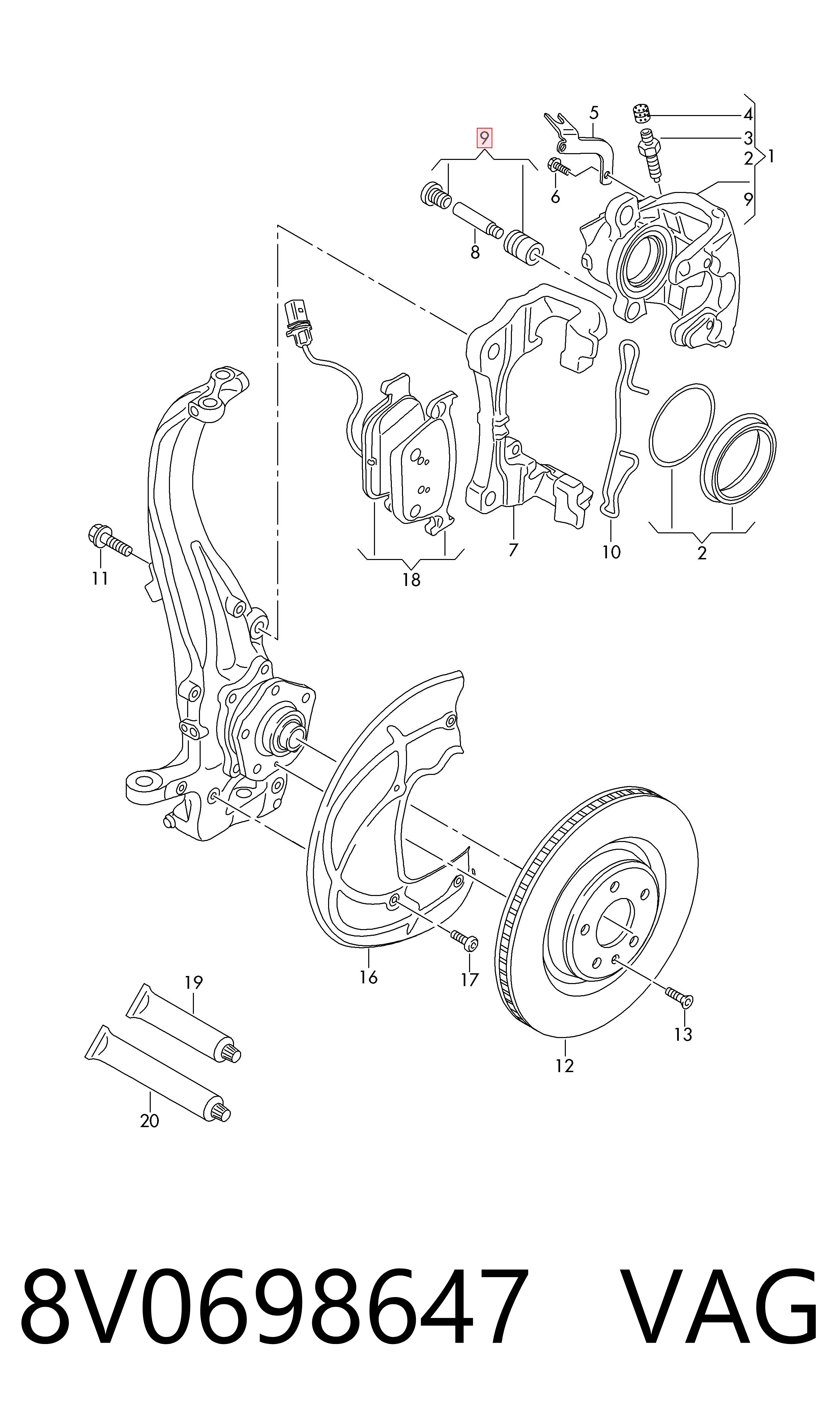 8V0698647 VAG Kit de reparação de suporte do freio dianteiro