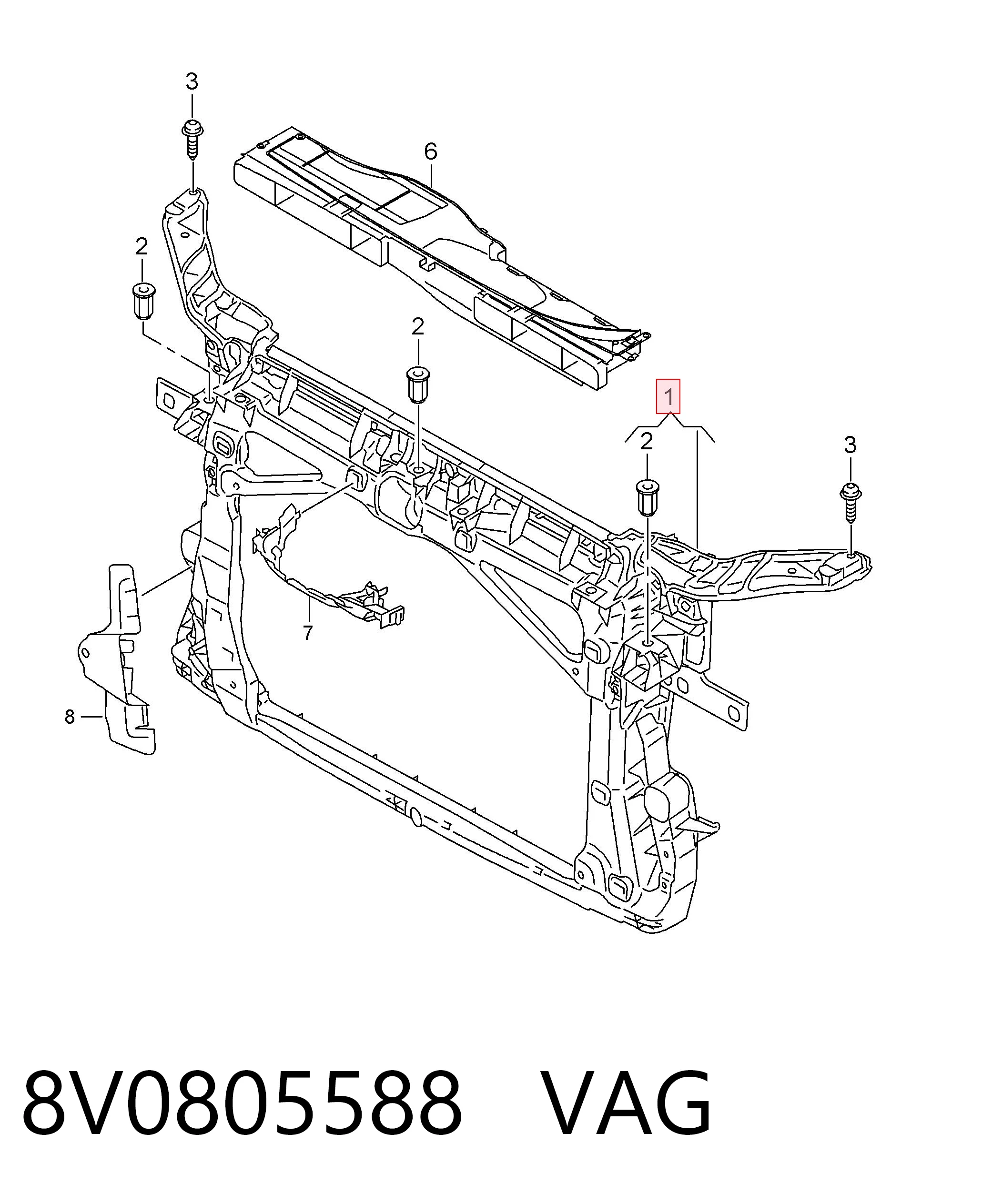 8V0805588 VAG Suporte do radiador montado (painel de montagem de fixação das luzes)