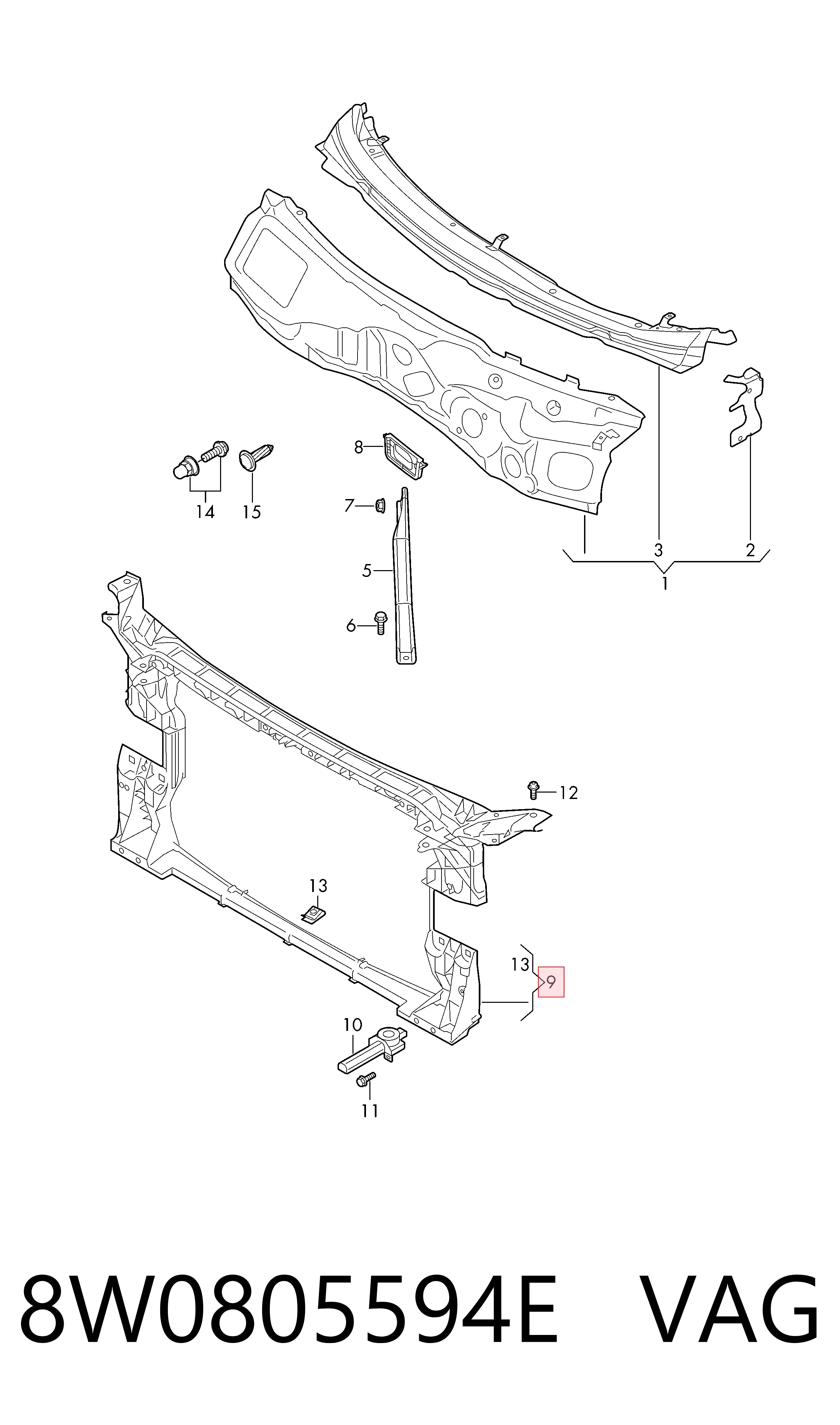 8W0805594E VAG Suporte do radiador montado (painel de montagem de fixação das luzes)