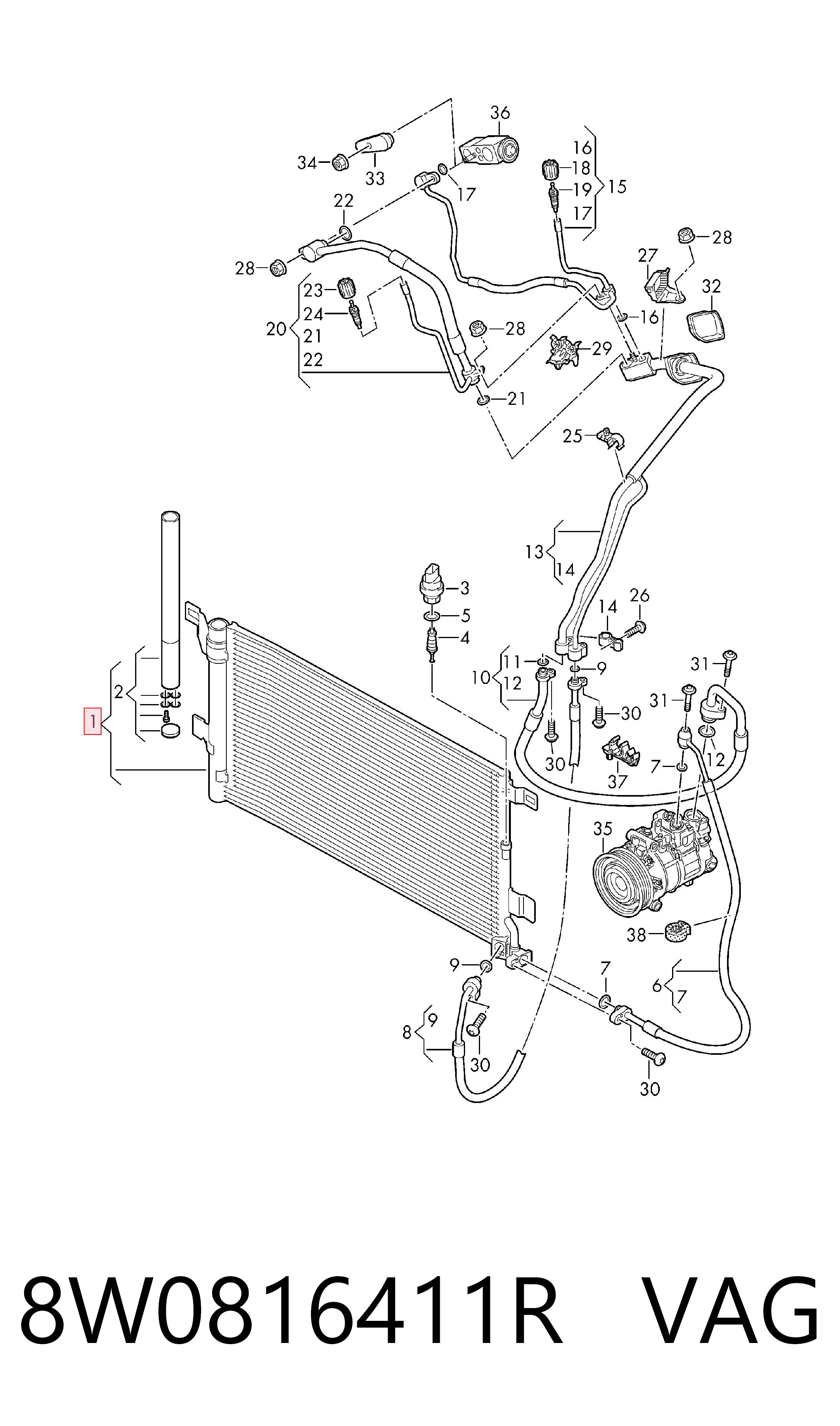 8W0816411R VAG Radiador de aparelho de ar condicionado