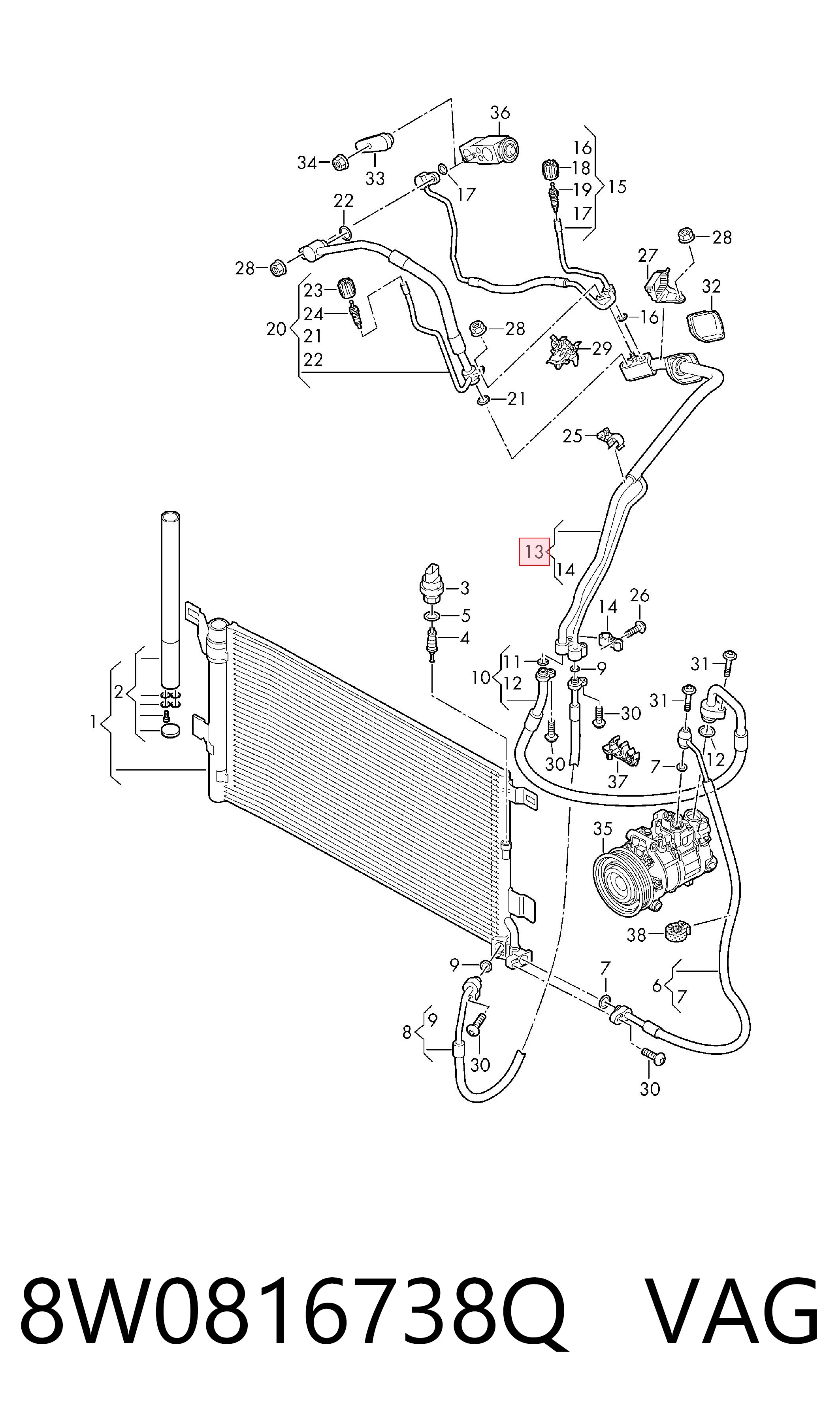 8W0816738Q VAG Mangueira de aparelho de ar condicionado, desde o vaporizador até o compressor