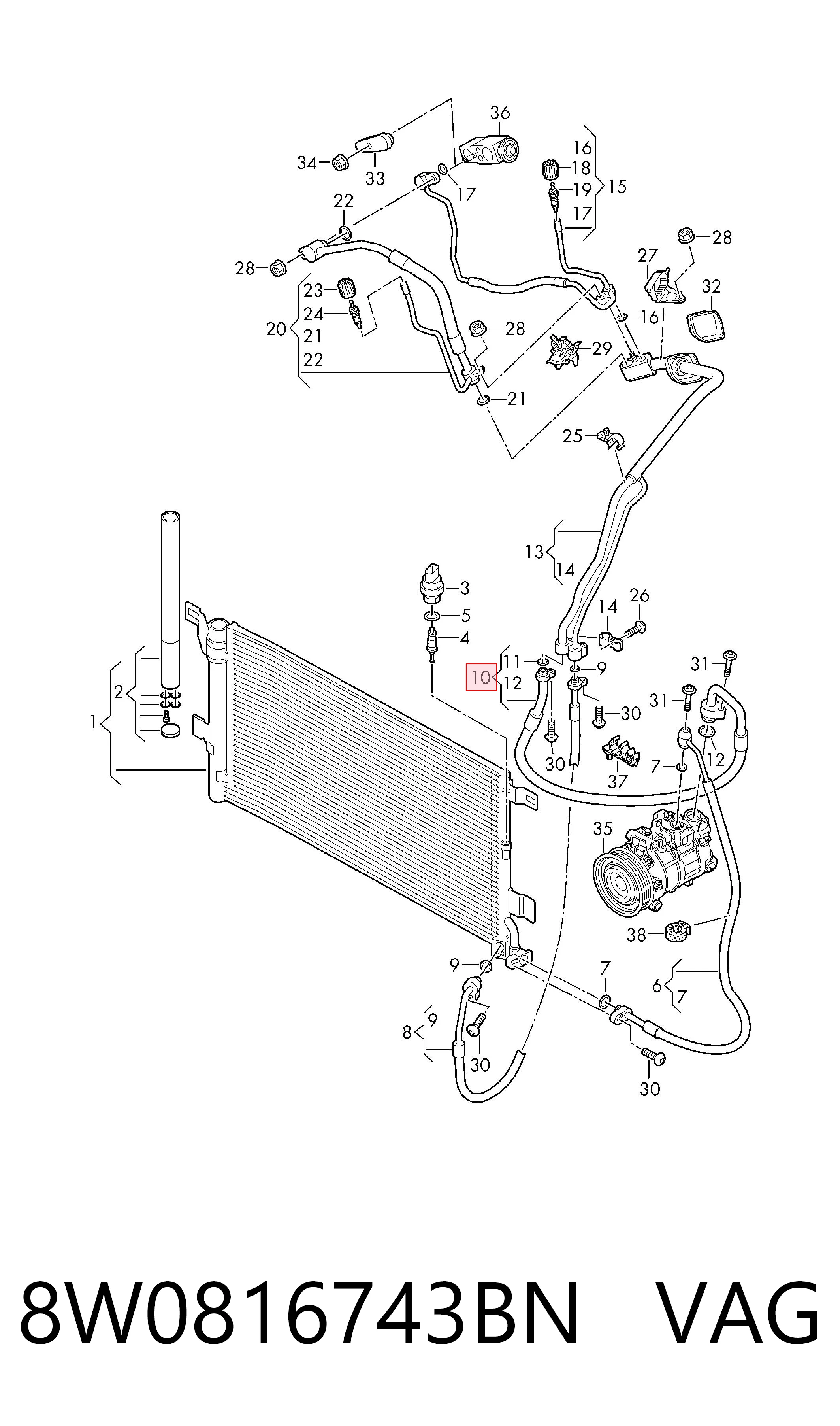 8W0816743BN VAG Mangueira de aparelho de ar condicionado, desde o vaporizador até o compressor