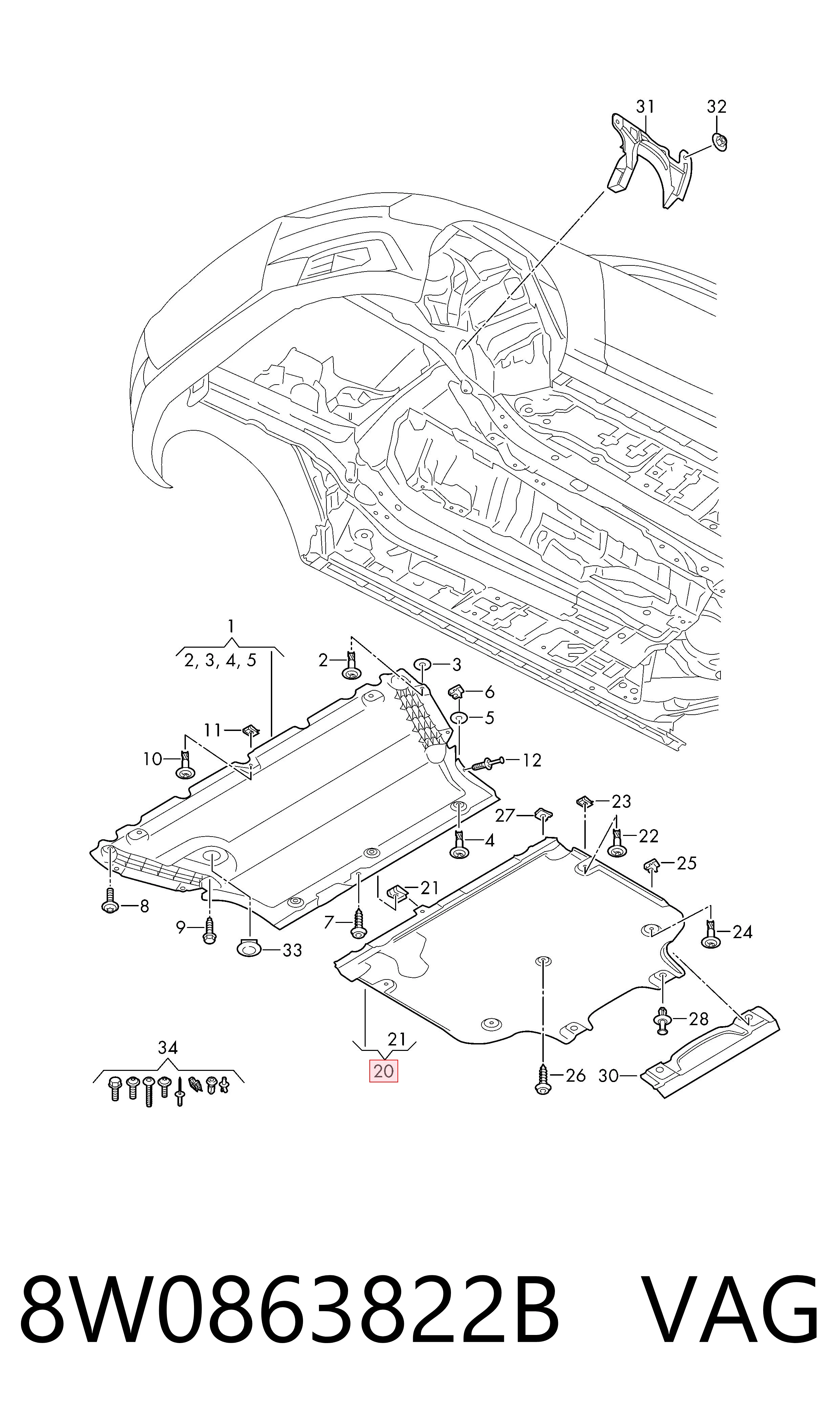 8W0863822B VAG Proteção de motor traseiro