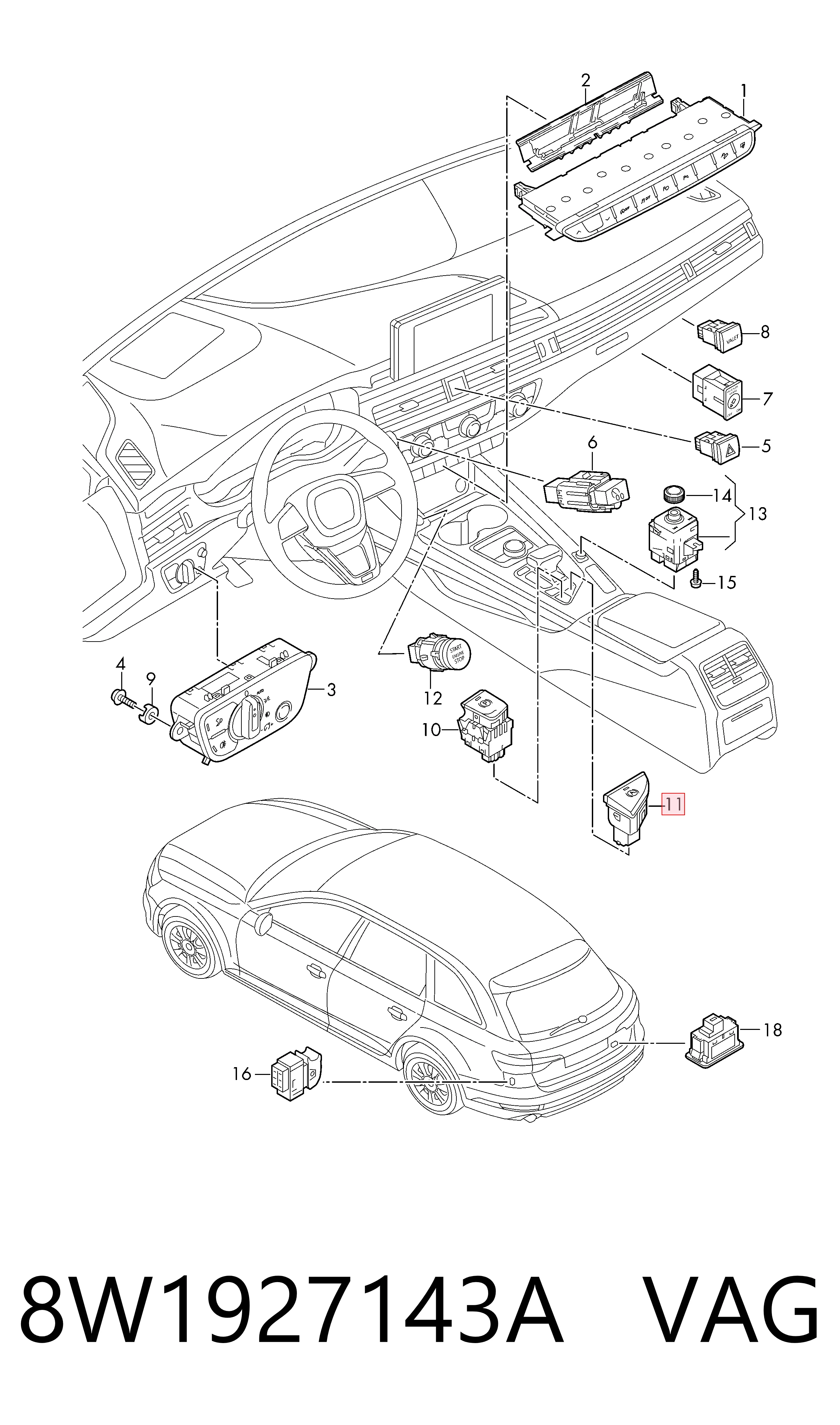 Tecla do freio de estacionamento eletromecânico VAG 8W1927143A preço, a partir de 62,99 USD