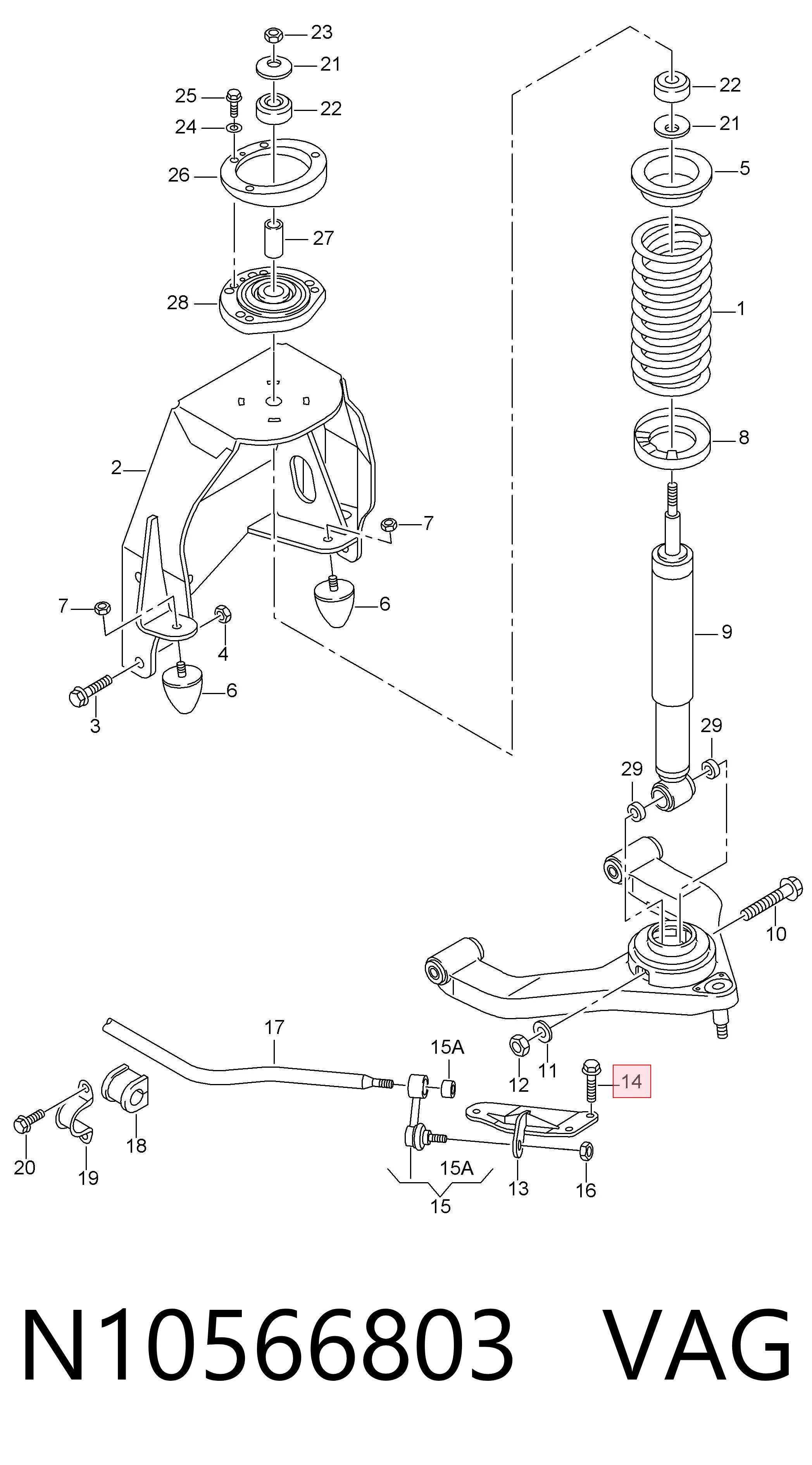 N10566803 VAG Parafuso de fixação de braço oscilante dianteiro, kit