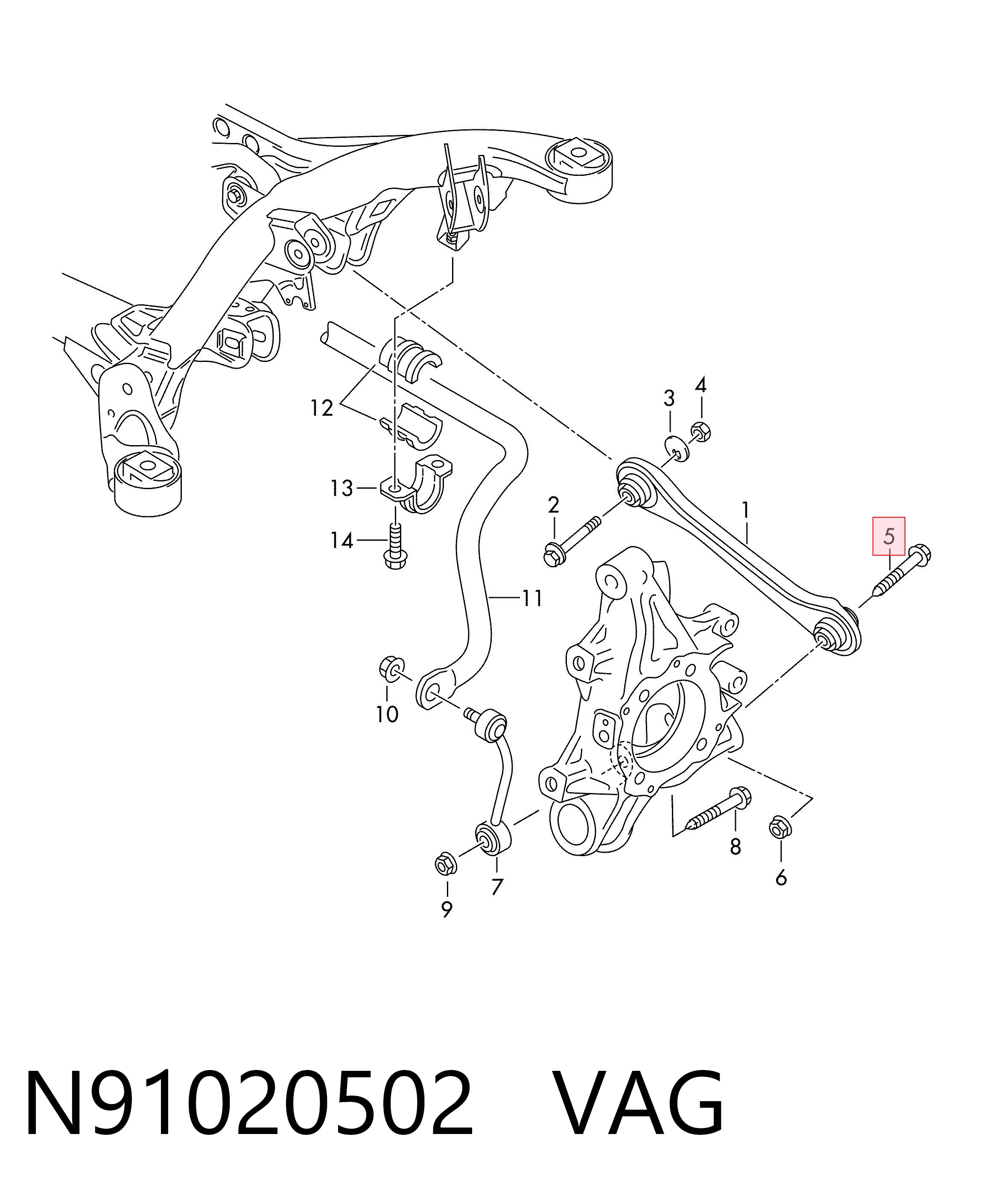 N91020502 VAG Parafuso de fixação do braço oscilante inferior traseiro, externo