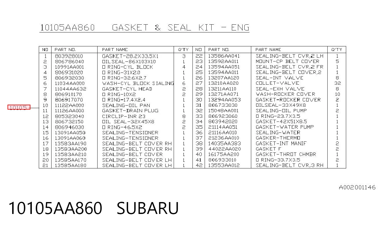 Kit de vedantes de motor completo para Subaru Outback B13, BP
