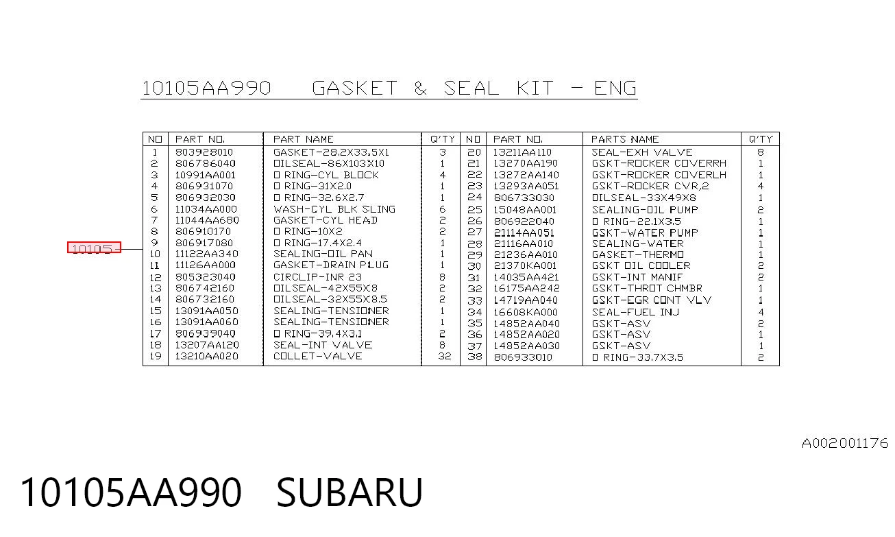 10105AA990 Subaru Kit de vedantes de motor completo