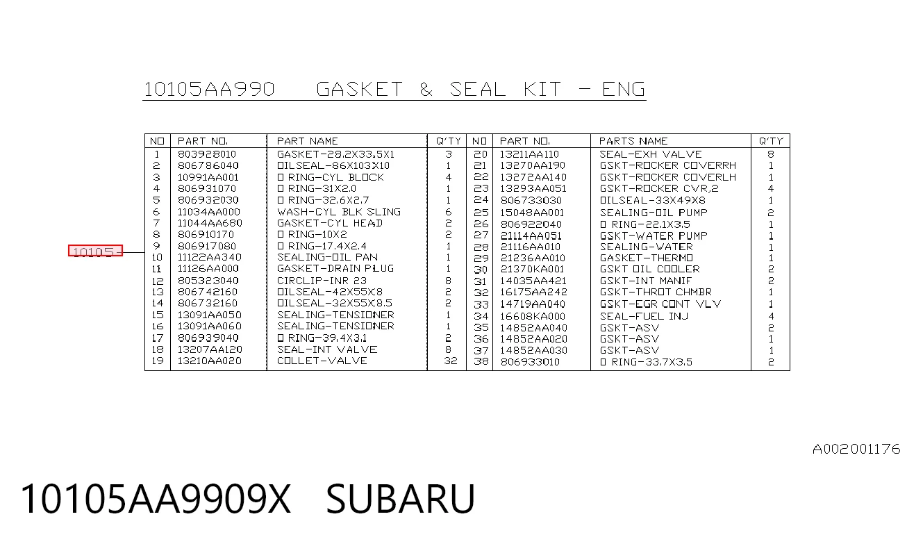 10105AA9909X Subaru Kit de vedantes de motor completo