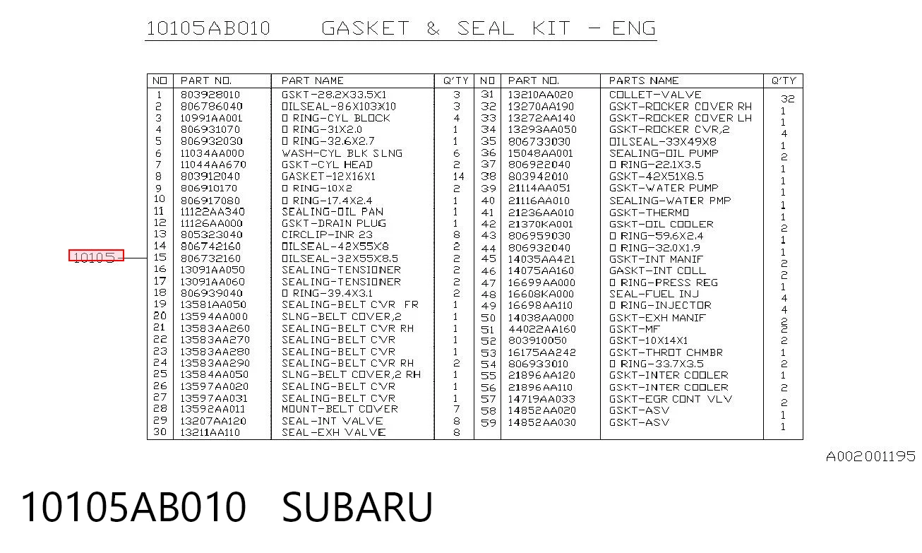 10105AB010 Subaru Kit de vedantes de motor completo
