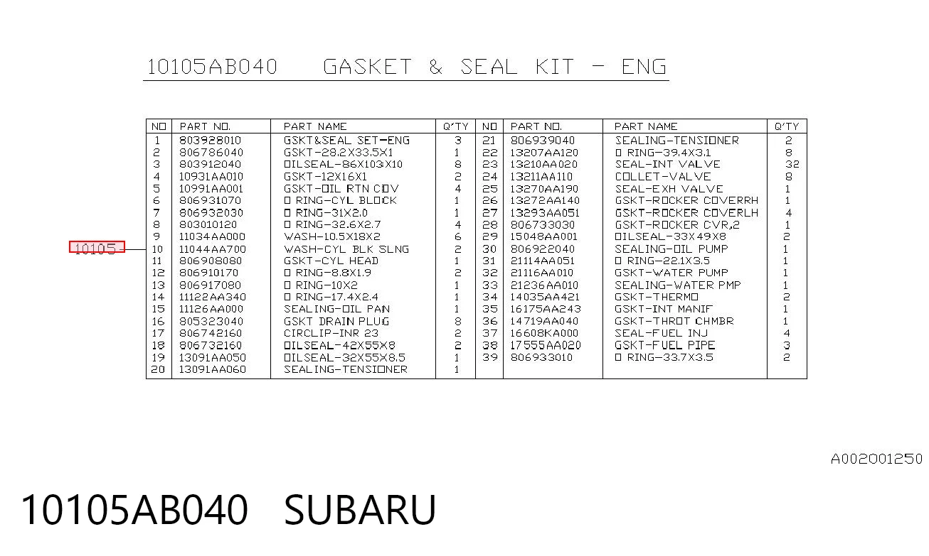 10105AB040 Subaru Kit de vedantes de motor completo
