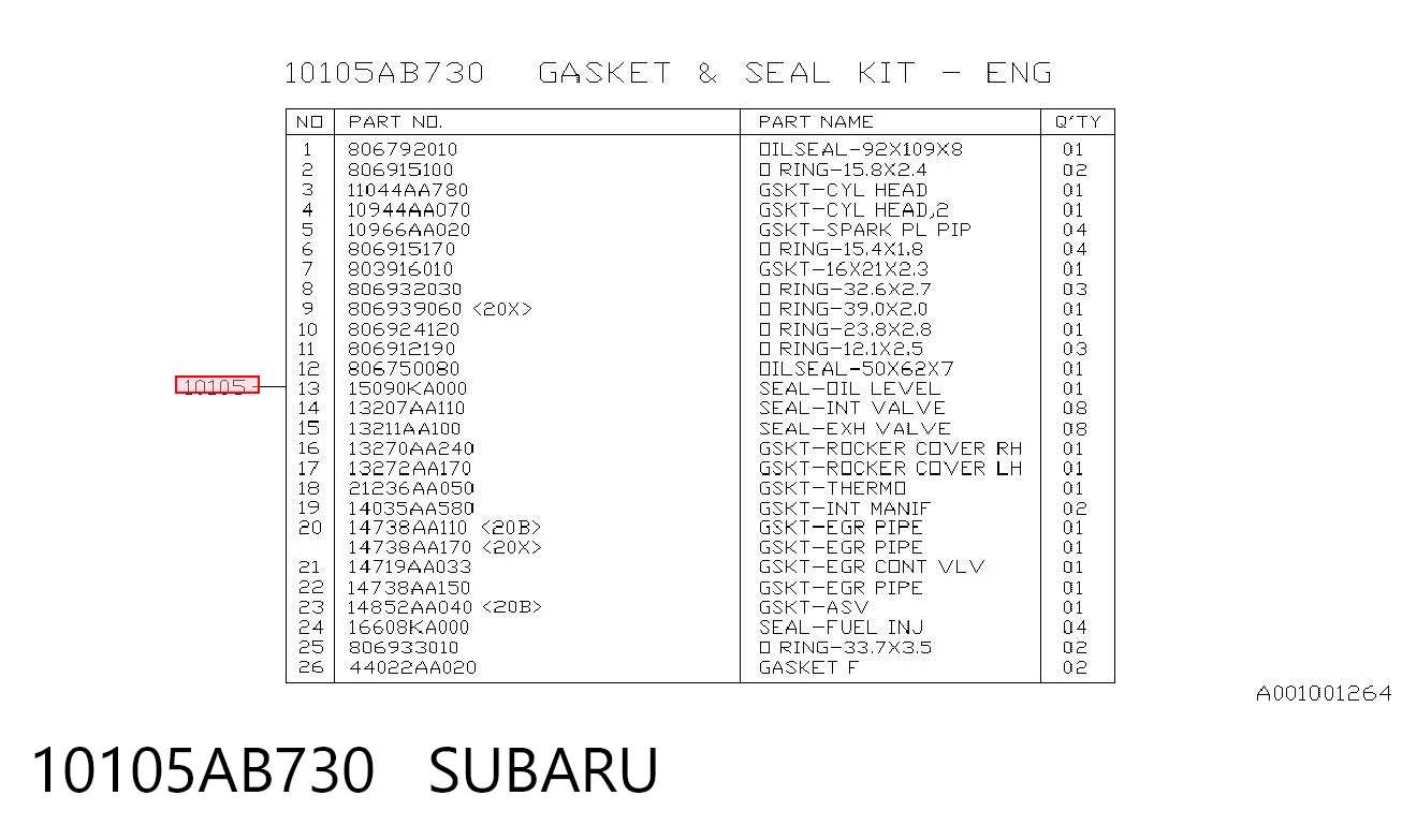 10105AB730 Subaru Kit de vedantes de motor completo