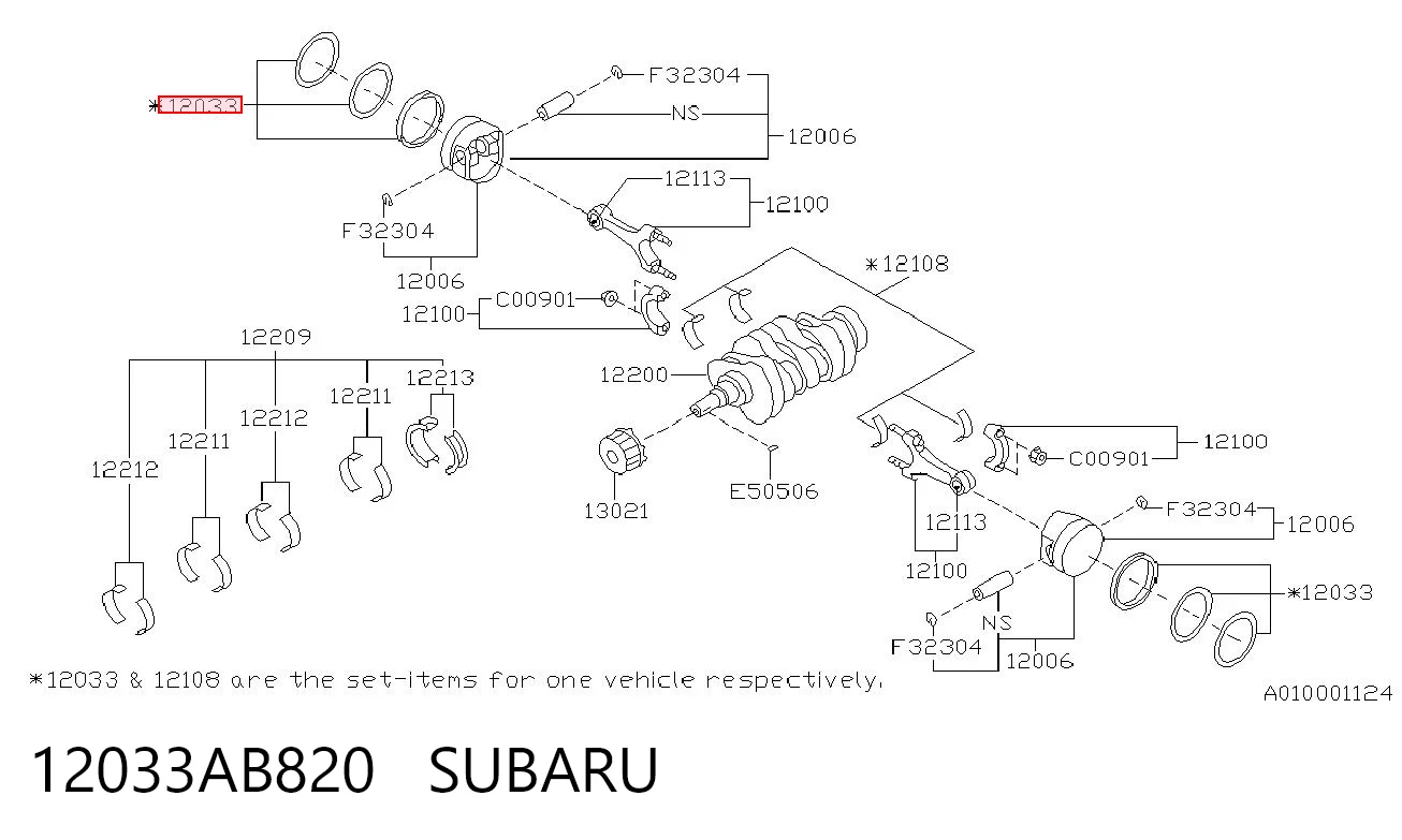 12033AB820 Subaru Kit de anéis de pistão de motor, STD.