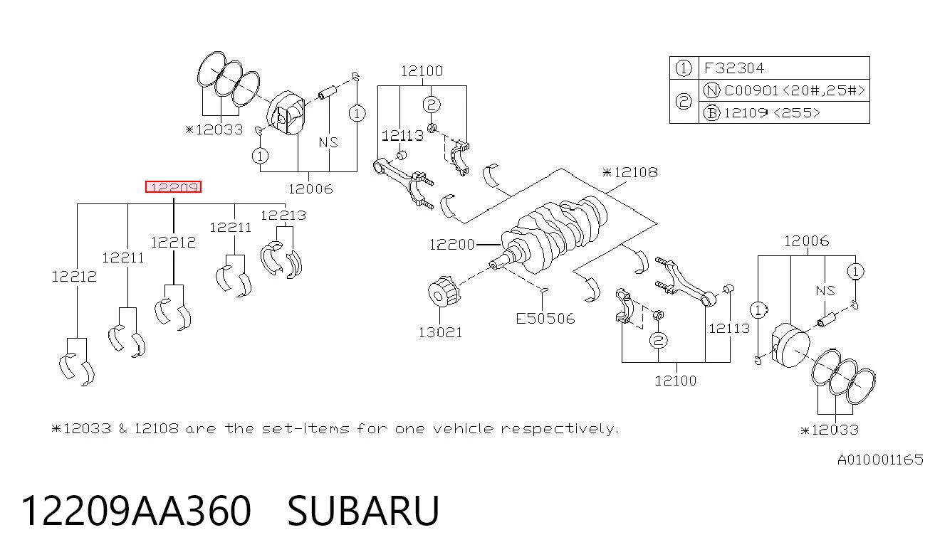 12209AA360 Subaru Folhas inseridas principais de cambota, kit, padrão (STD)